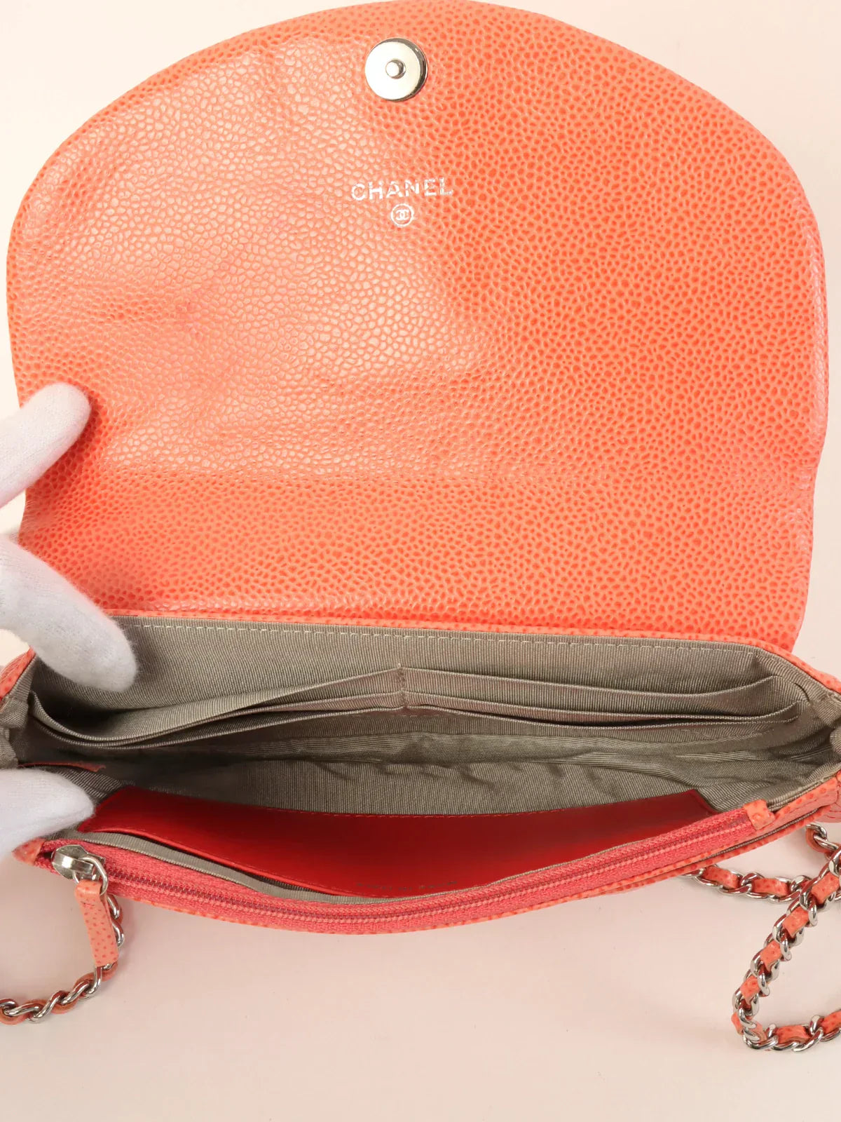 Chanel Around  Made Caviar Skin Cc Mark Stitch Wallet On Chain Salmon Pink