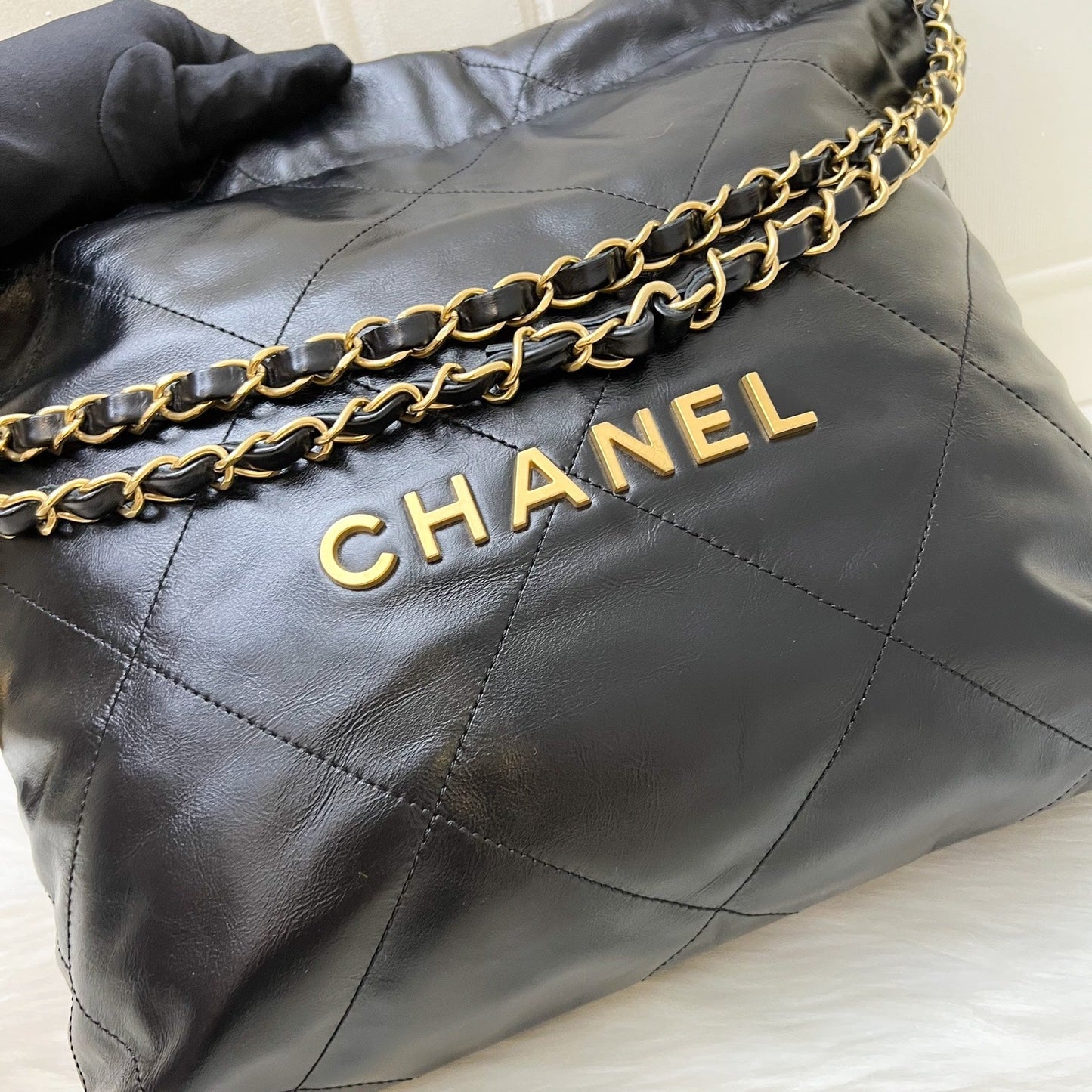 Chanel [local Set May 2024] 22 Small Hobo Bag in Black Shiny Calfskin and Aghw