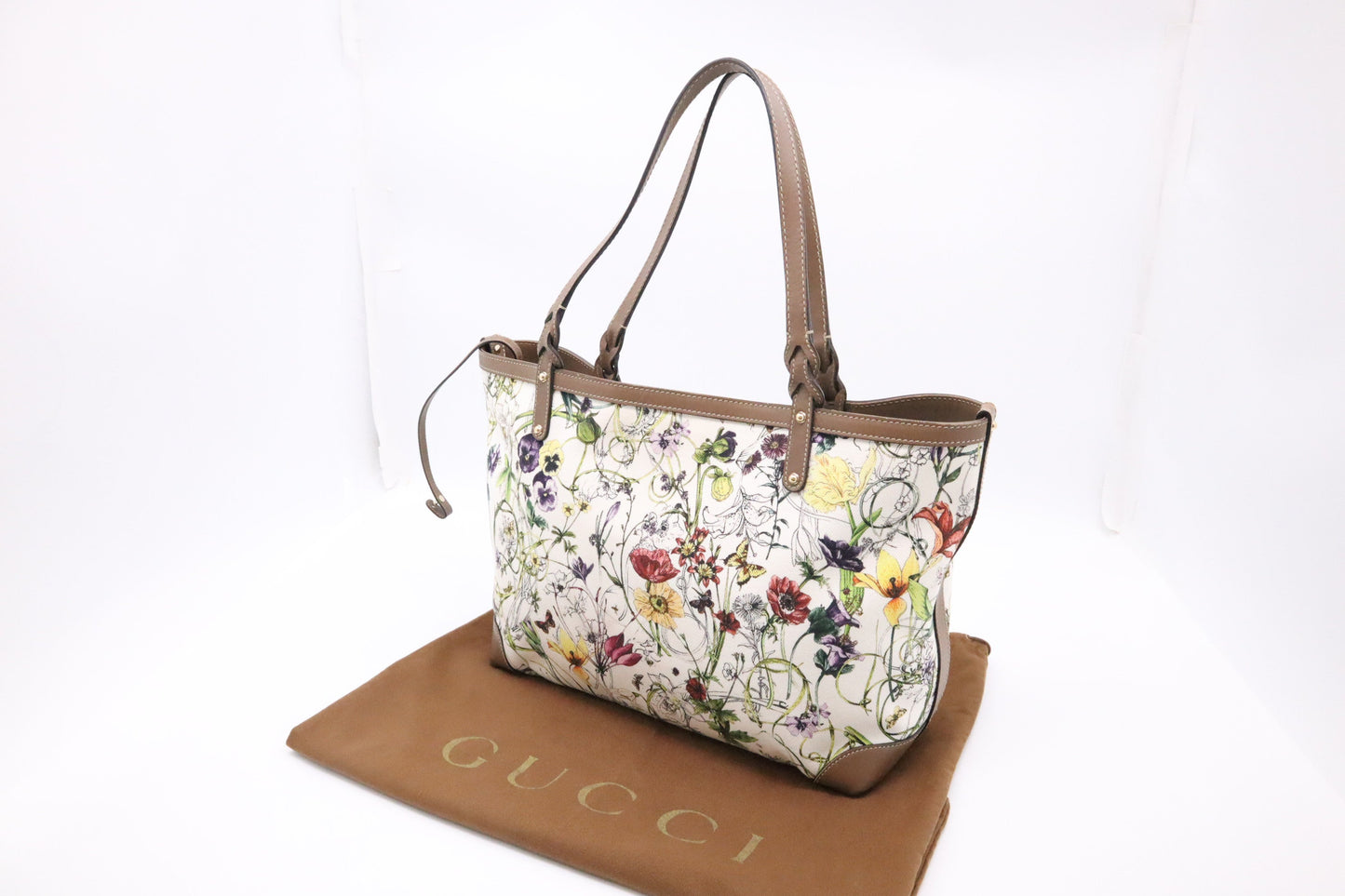 Gucci Floral Leather Canvas White Brown Tote Bag
