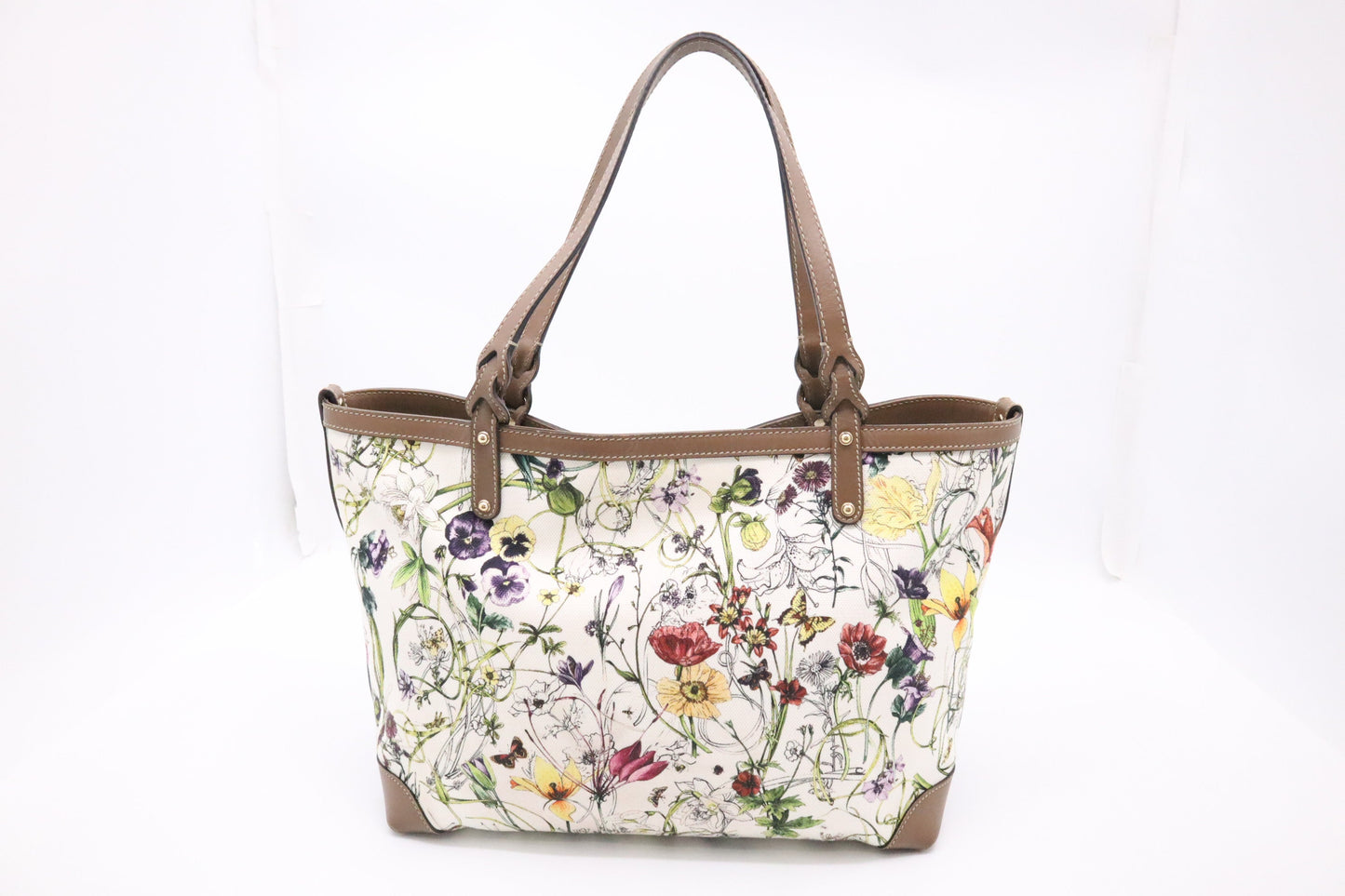 Gucci Floral Leather Canvas White Brown Tote Bag