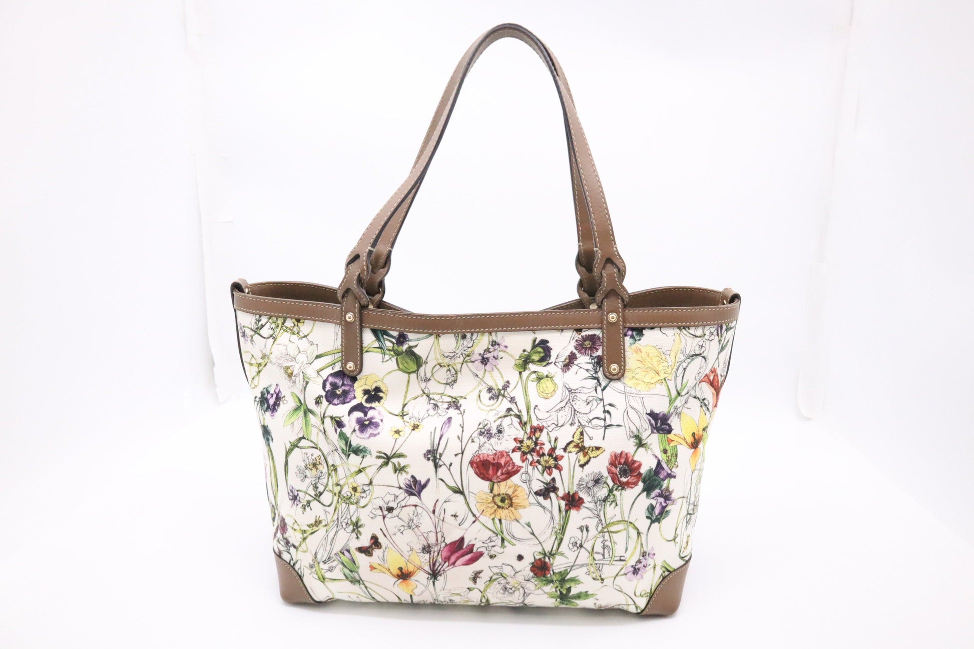 Gucci Floral Leather Canvas White Brown Tote Bag
