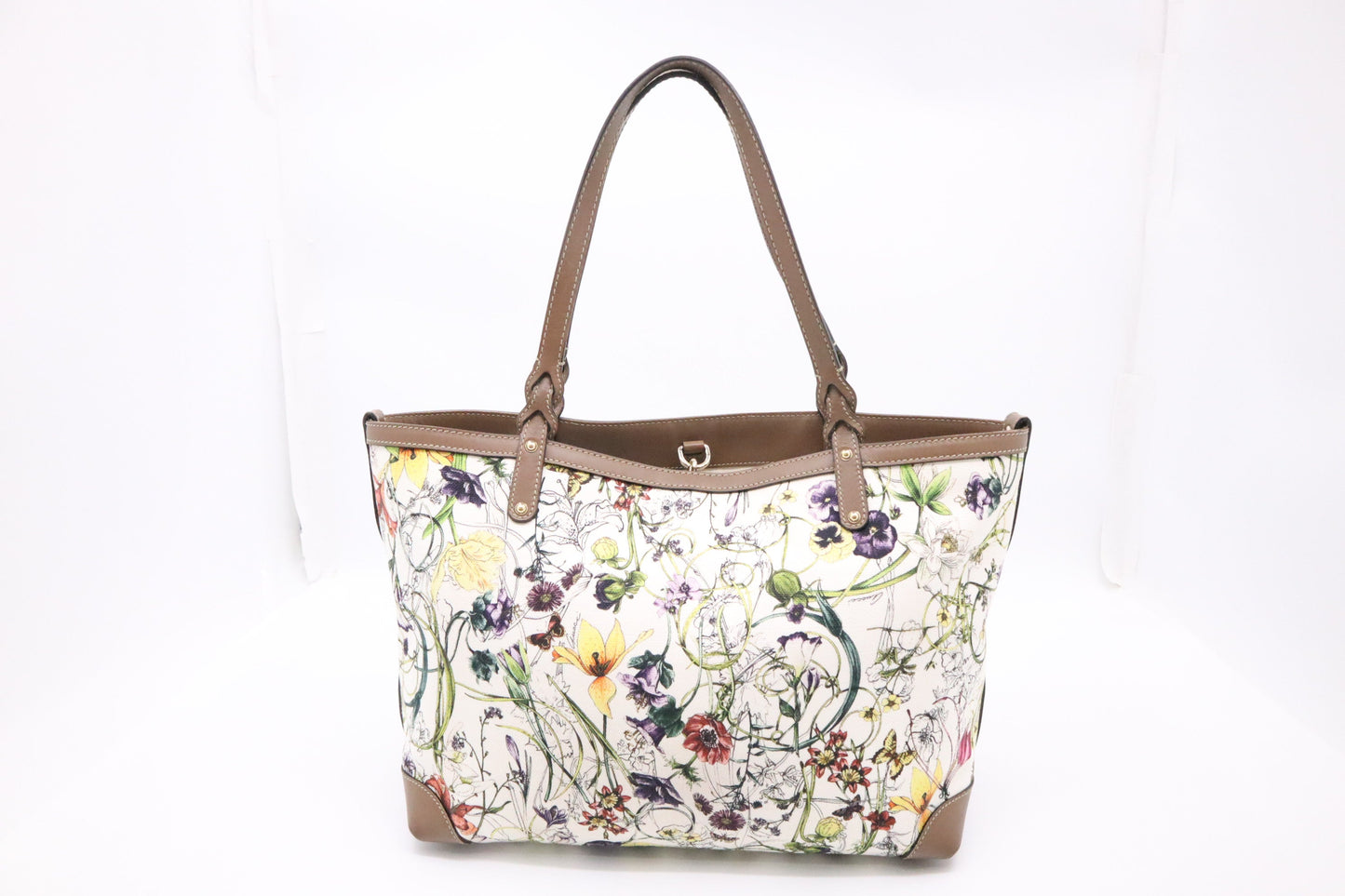 Gucci Floral Leather Canvas White Brown Tote Bag