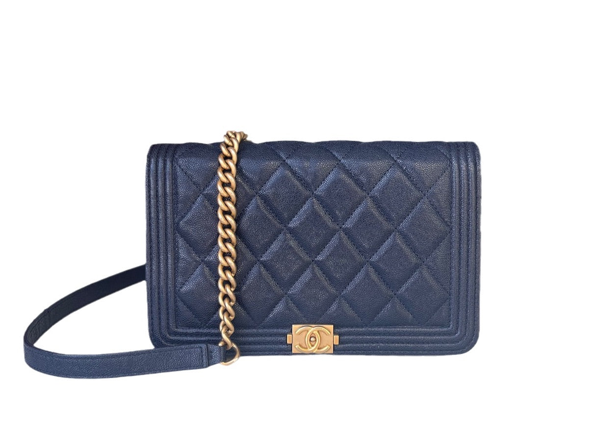Chanel on WOC Boy Navy Caviar Antiqued Gold Leather Wallet Case