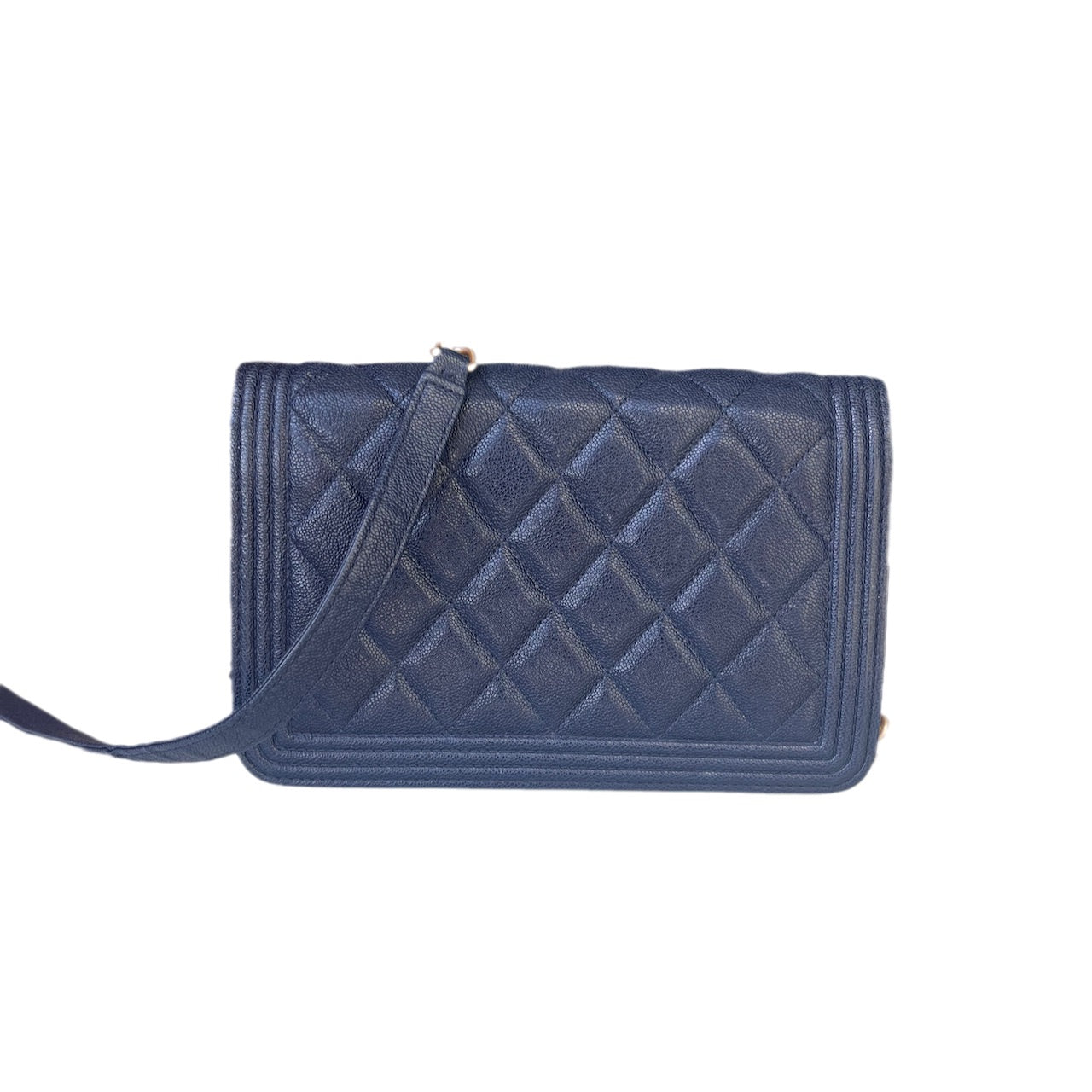 Chanel on WOC Boy Navy Caviar Antiqued Gold Leather Wallet Case