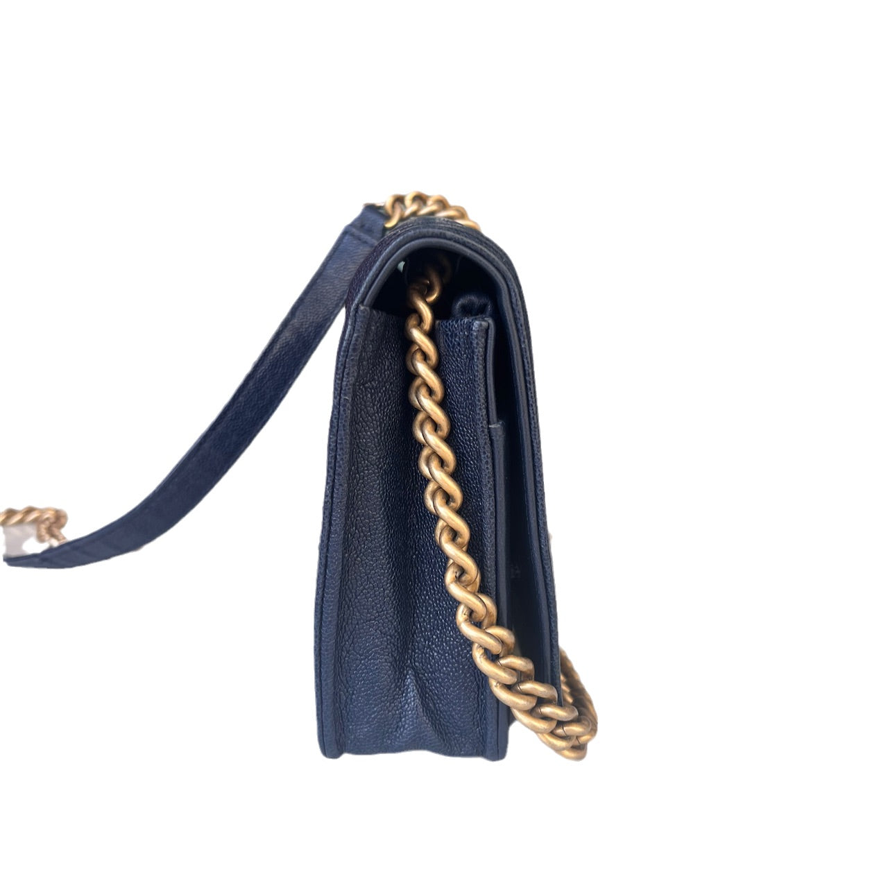 Chanel on WOC Boy Navy Caviar Antiqued Gold Leather Wallet Case