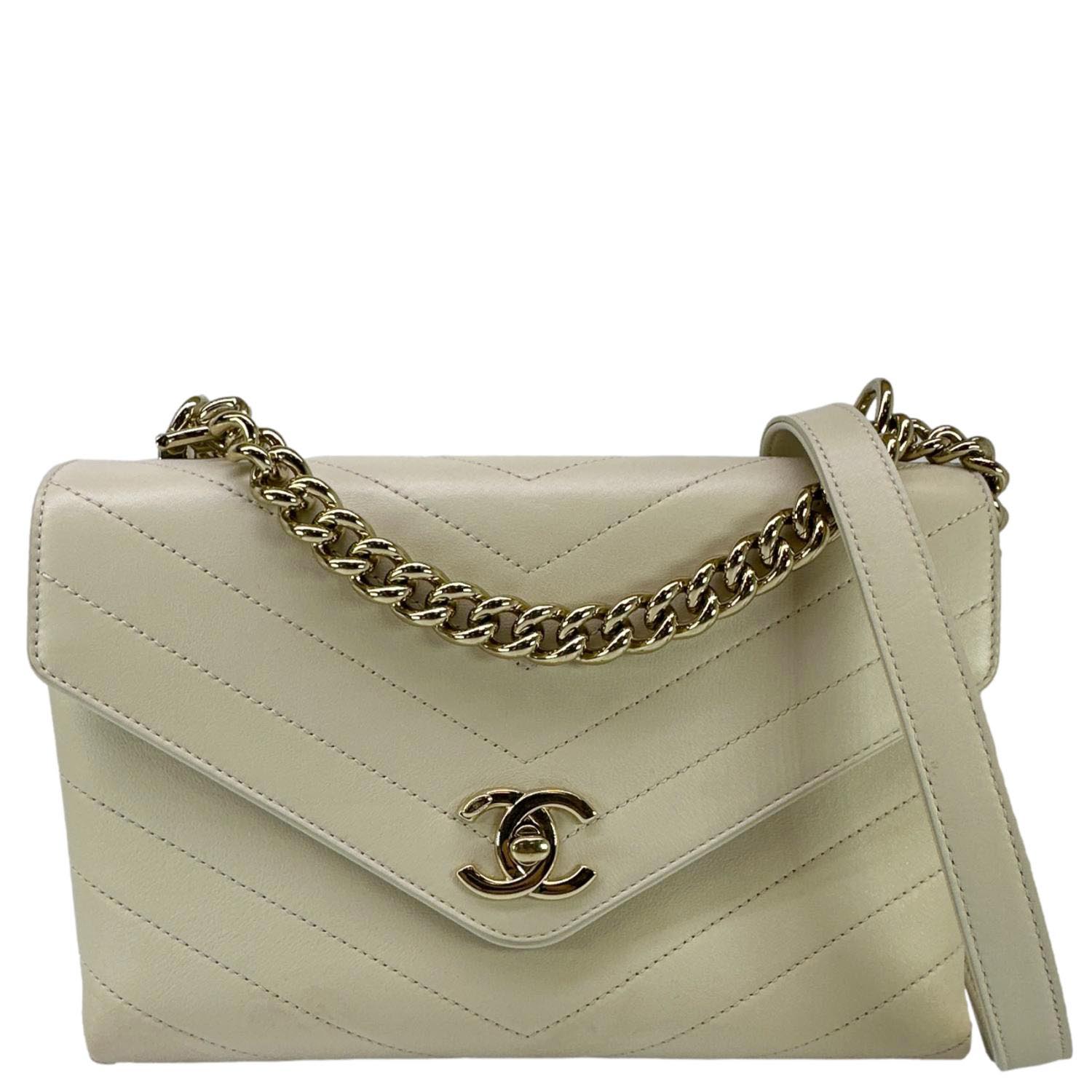 Chanel Coco Flap Chevron Stitched Beige Leather Shoulder Bag