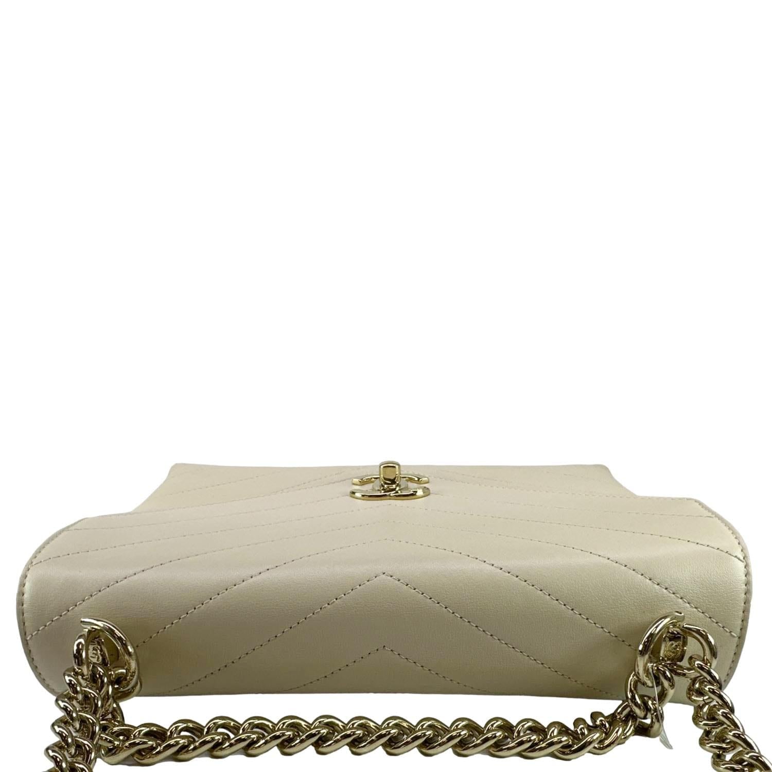 Chanel Coco Flap Chevron Stitched Beige Leather Shoulder Bag