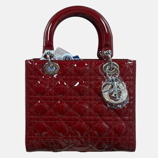 Dior Lady Burgundy Patent Handbag Adjustable Strap Leather Medium Travel Bag