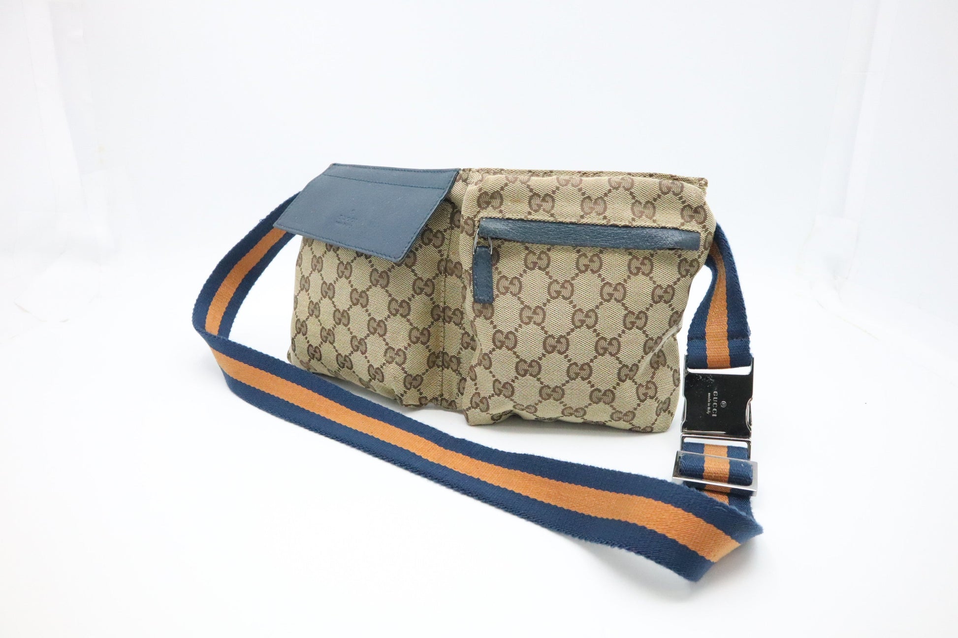 Gucci Waist GG & Leather Canvas Brown Blue Handbag