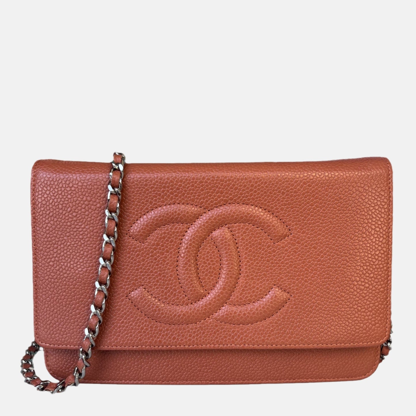 Chanel on WOC Double CC Caviar Orange Leather Wallet Case