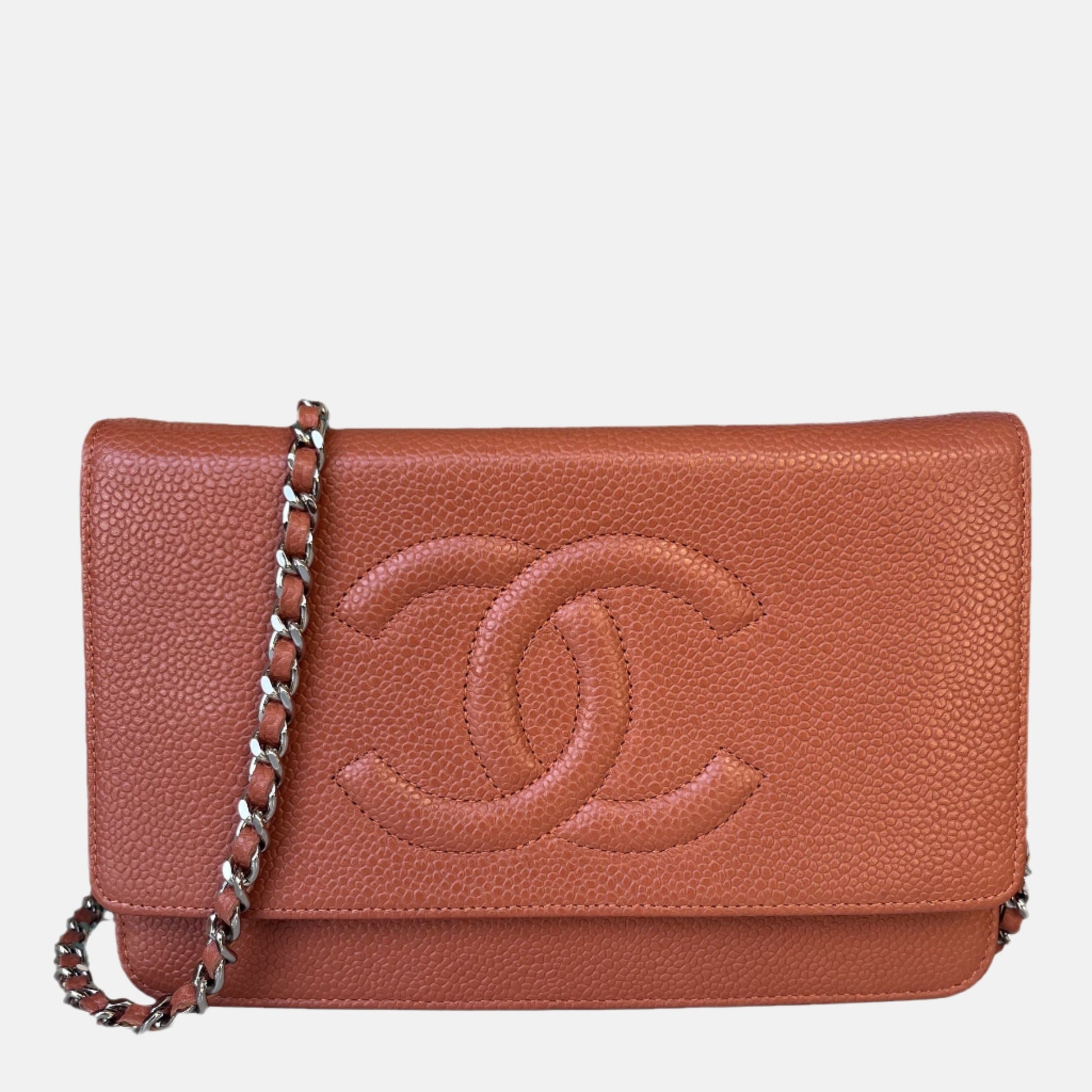 Chanel on WOC Double CC Caviar Orange Leather Wallet Case