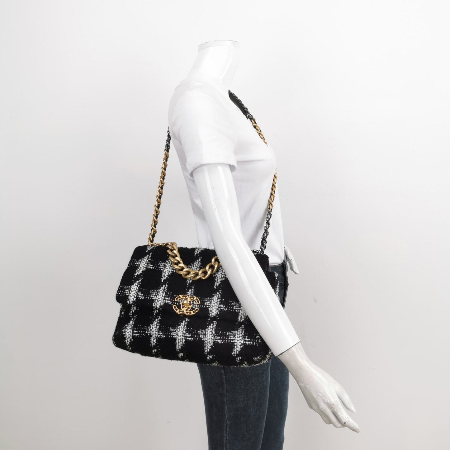 Chanel 19 Checkered Tweed Black White Handbag