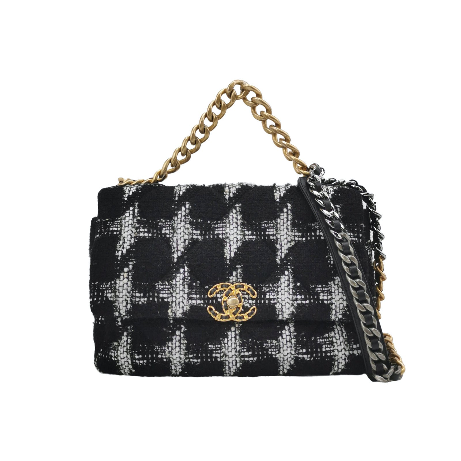 Chanel 19 Checkered Tweed Black White Handbag
