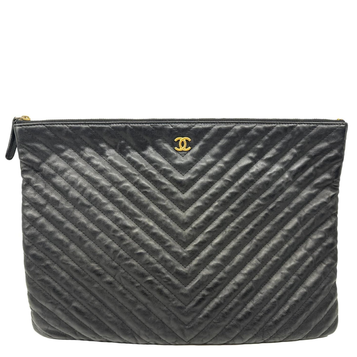 Chanel O Chevron Leather Black Travel Bag