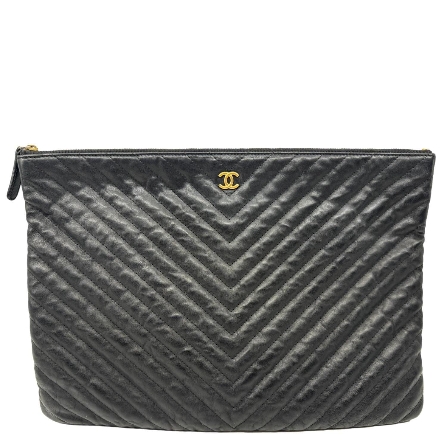 Chanel O Chevron Leather Black Travel Bag