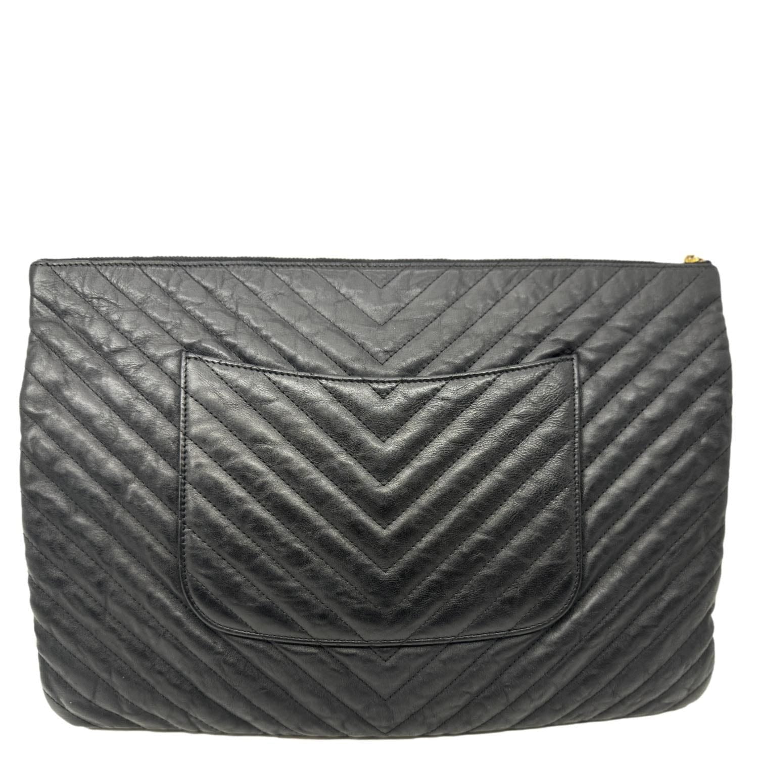 Chanel O Chevron Leather Black Travel Bag