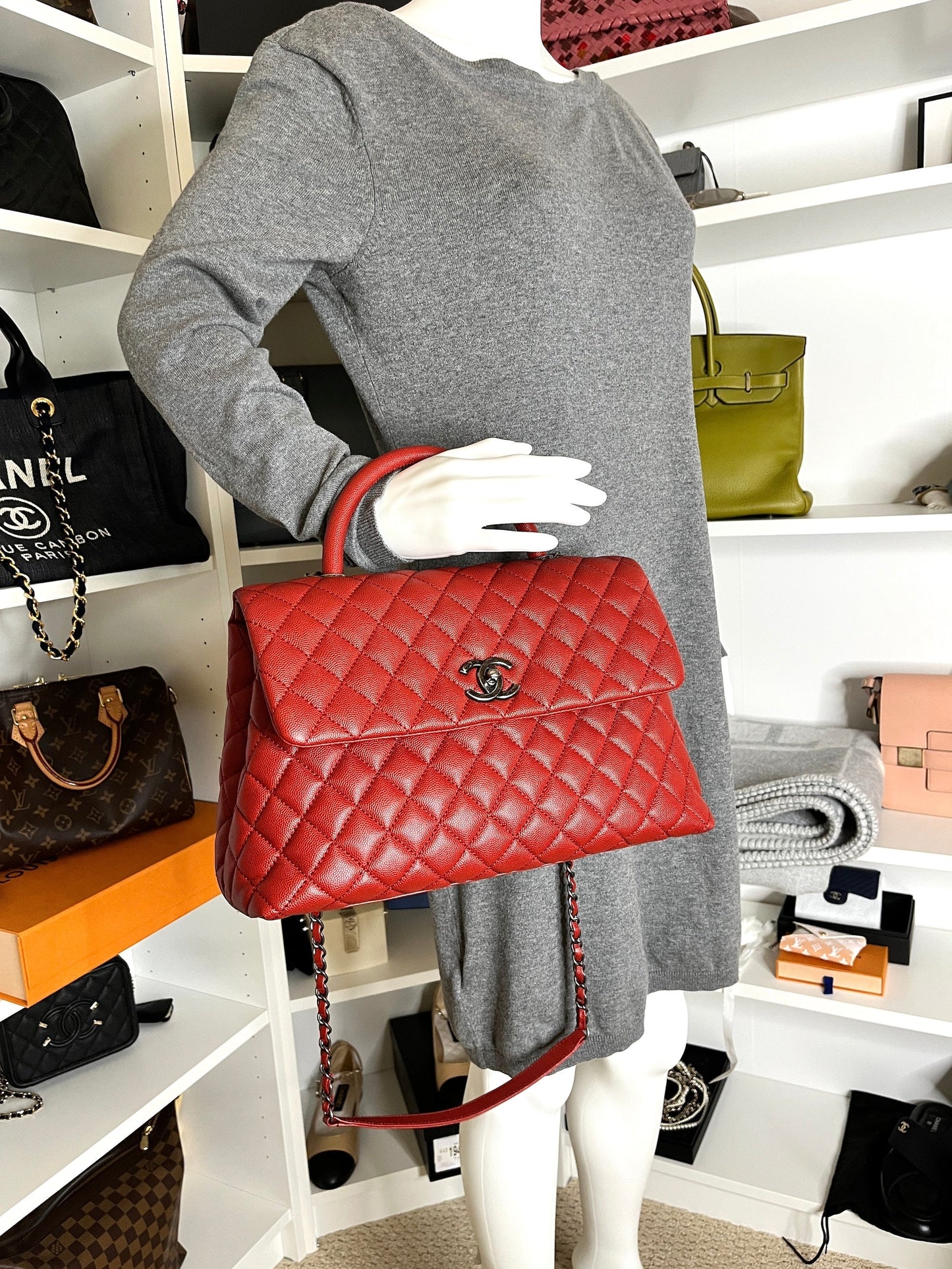 Chanel Red Medium Coco Handle Top Handle Quilted Caviar Leather Bag