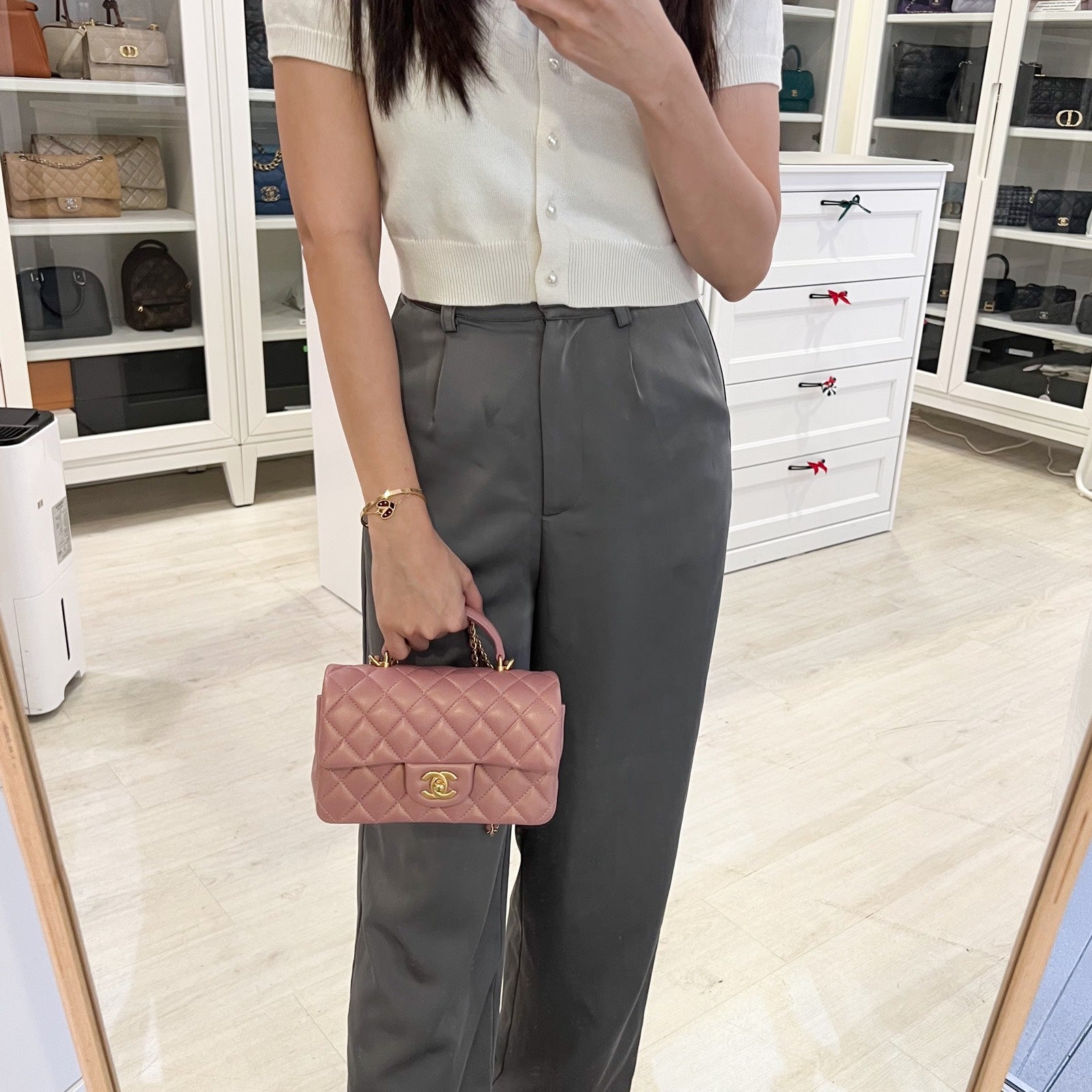 Chanel Top Handle Mini Rectangle Flap in Pink Lambskin Aghw Handbag