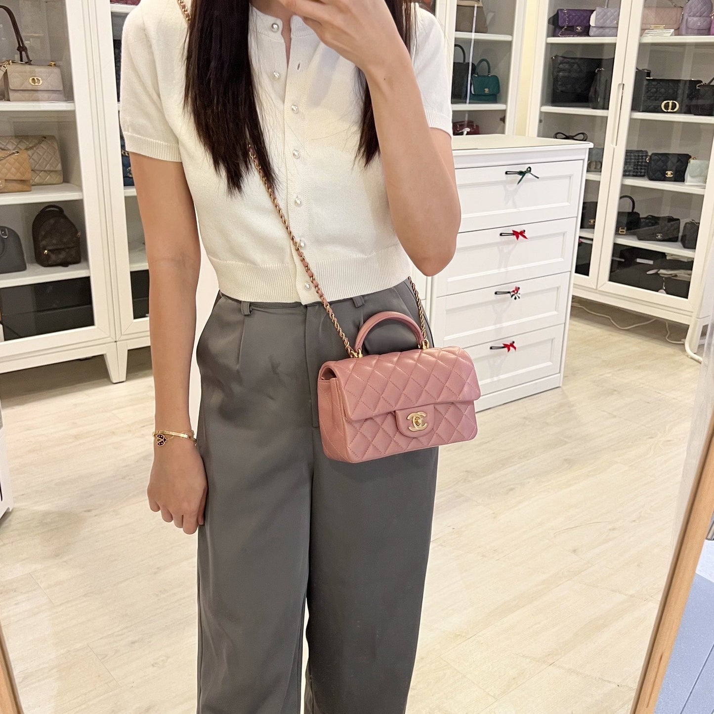 Chanel Top Handle Mini Rectangle Flap In Pink Lambskin Aghw Bag
