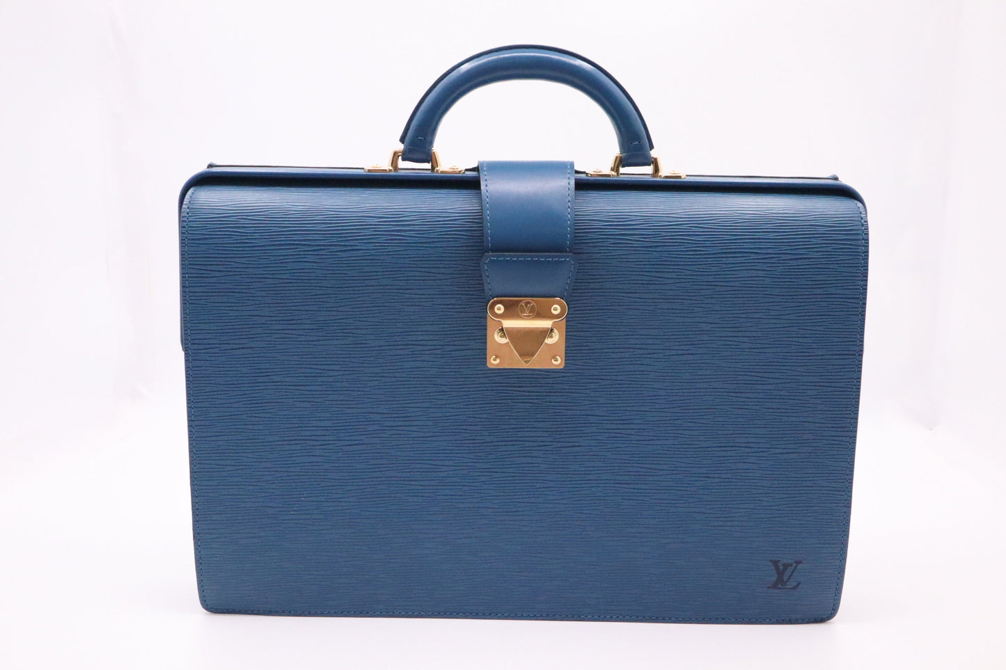 Louis Vuitton Serviette Fermoir Blue Leather Epi Handbag