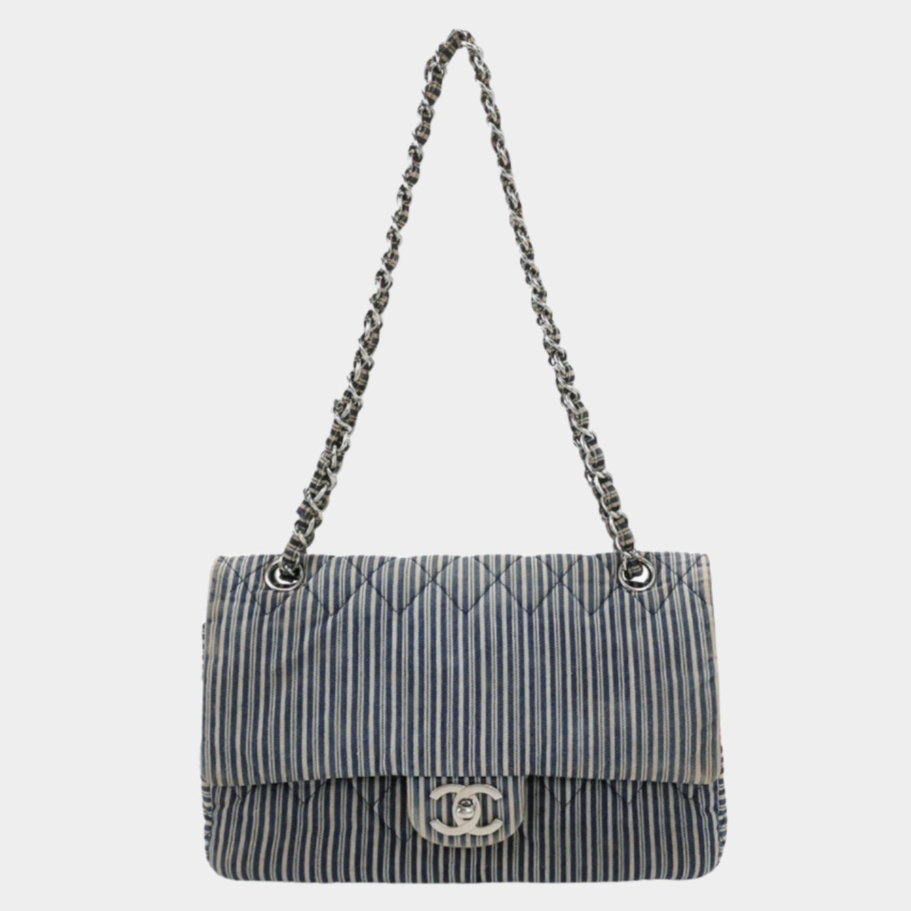Chanel Classic Flap Stripes Blue Canvas Handbag