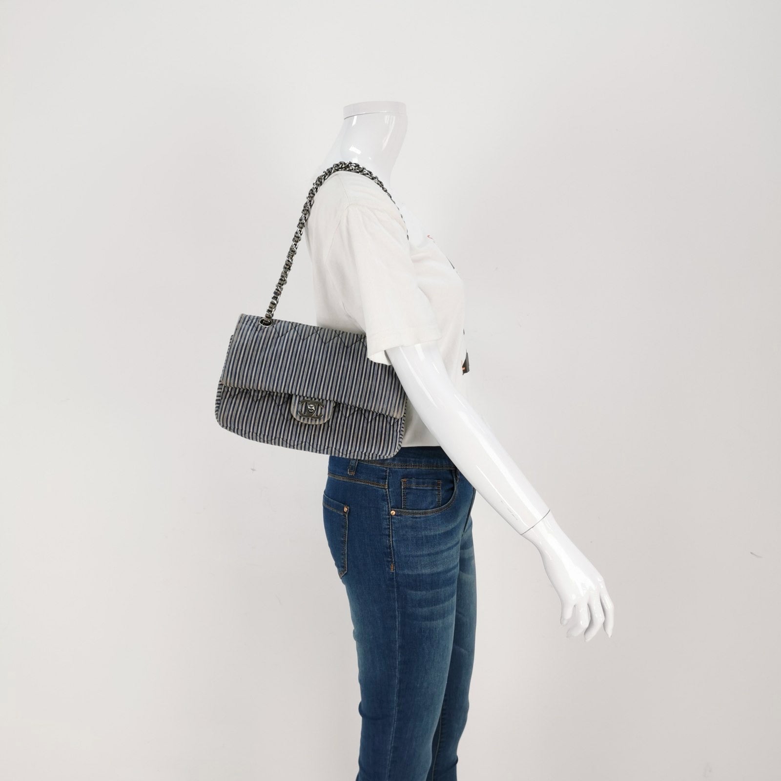Chanel Classic Flap Stripes Blue Canvas Handbag