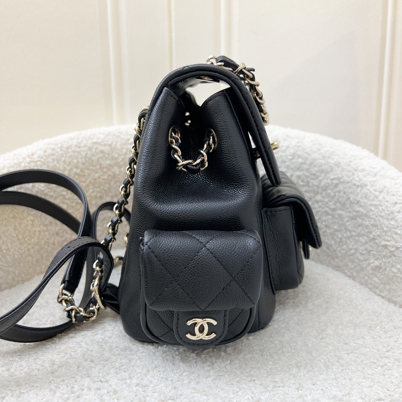 Chanel 23K Triple Pocket Duma Backpack In Black Caviar And Lghw (model: AS4399)