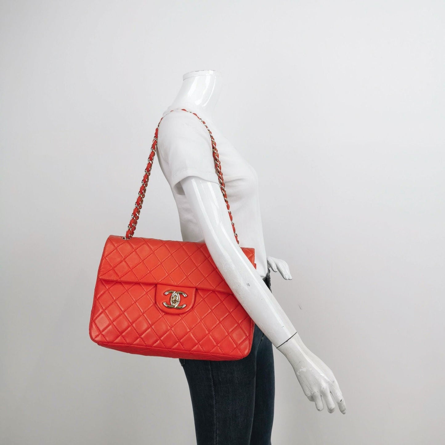 Chanel Classic Flap Maxi Giant CC Logo Red Gold Orange Leather Handbag