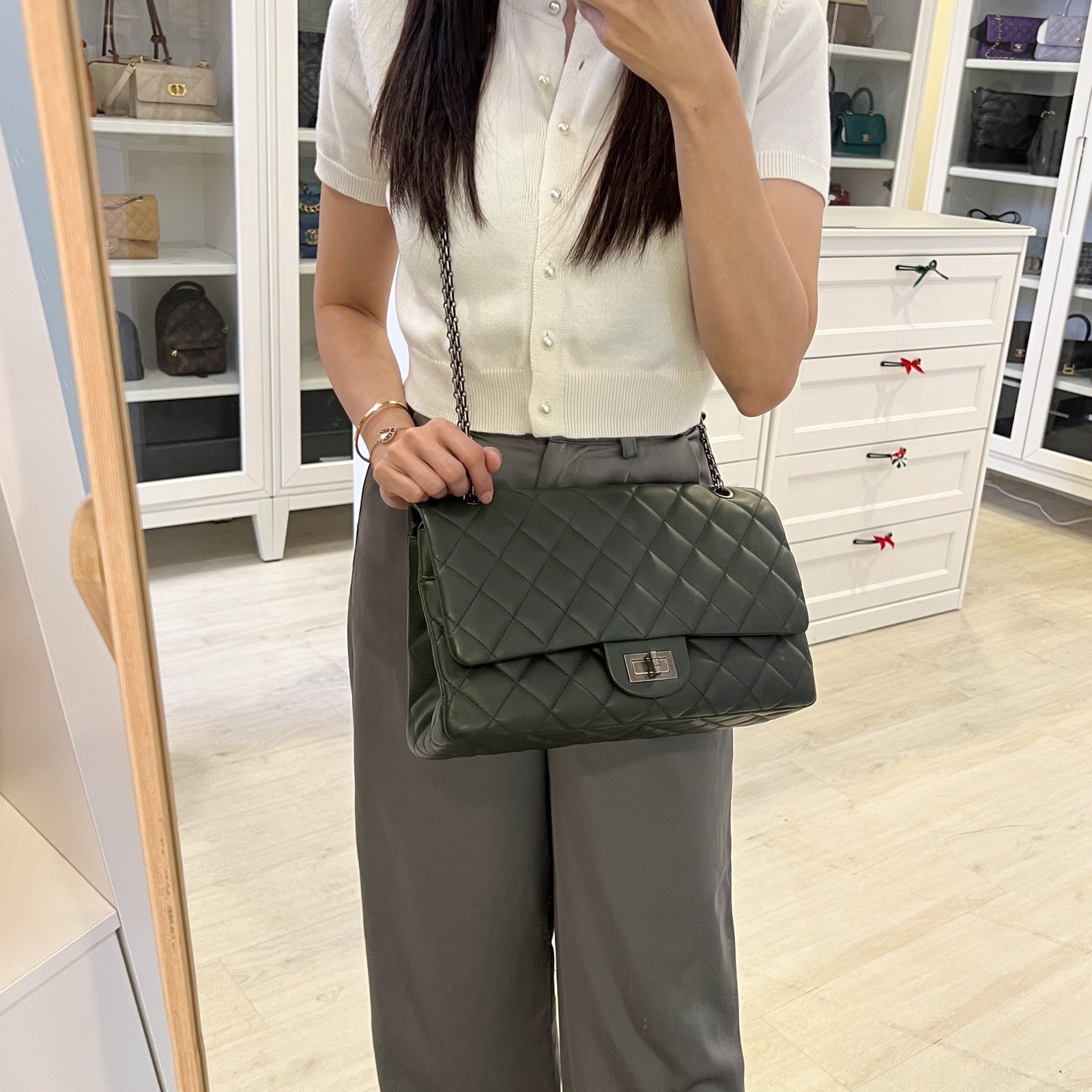 Chanel 2.55 Reissue 227 Maxi In Dark Green Lambskin Rhw