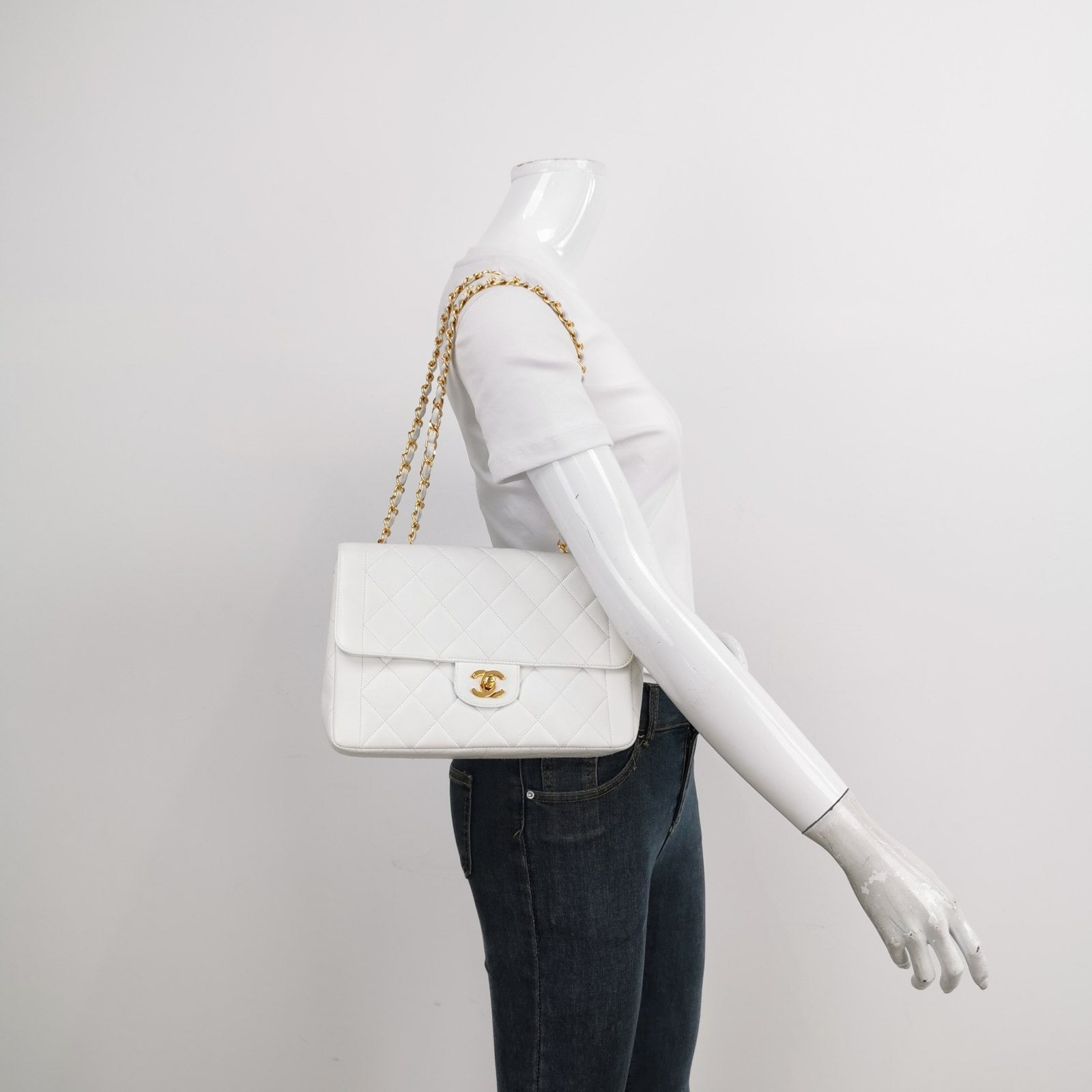 Chanel Classic Flap 24k Plated Giant CC White Gold Leather Handbag