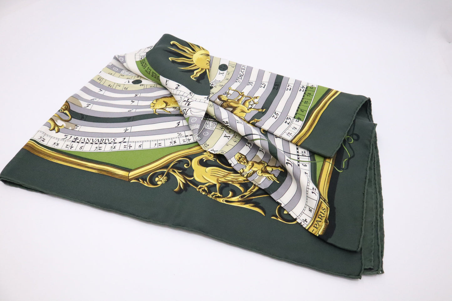 Hermes Carre Astrologie "Dies Et Hore" In Silk Green Travel Bag
