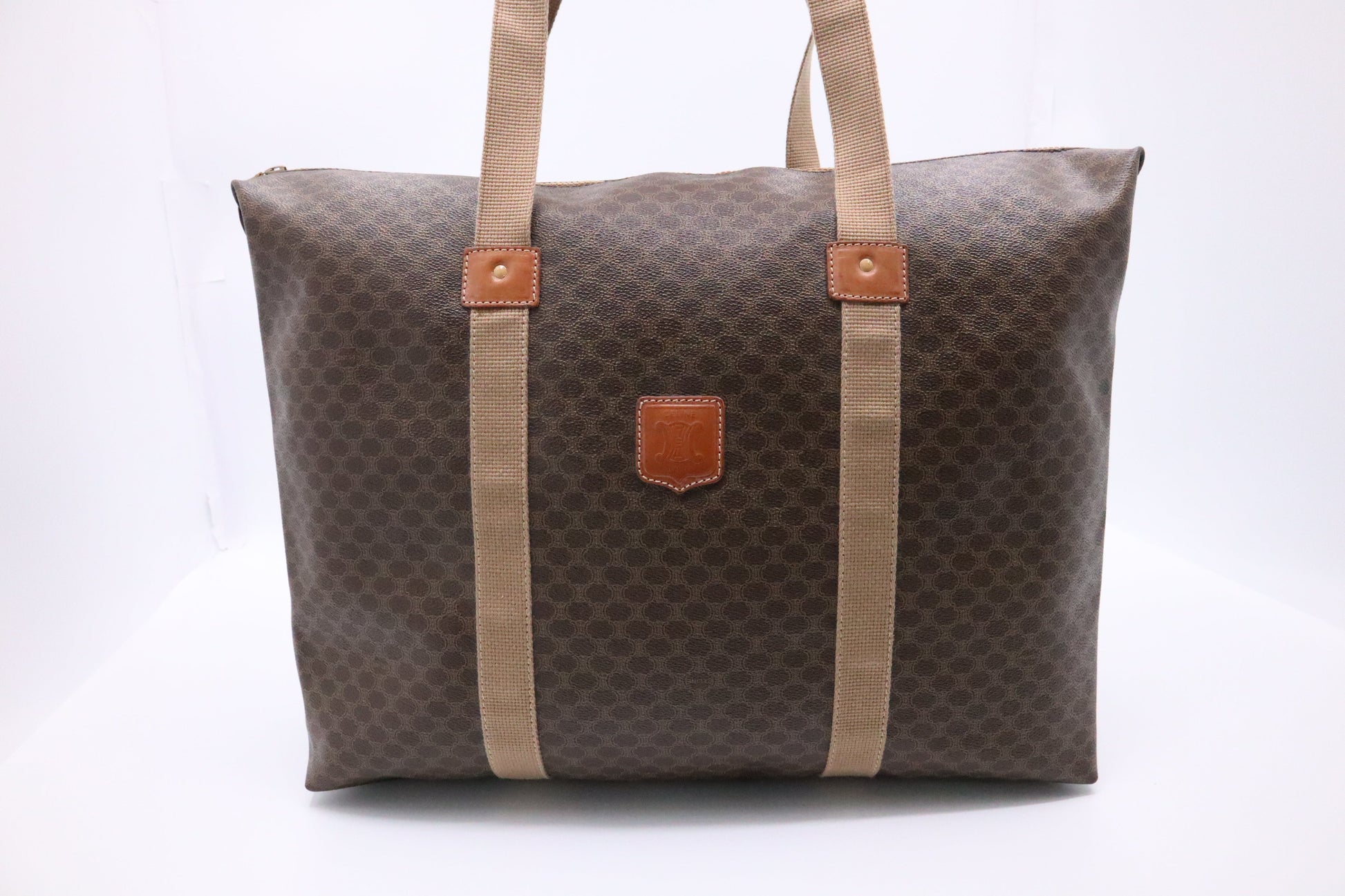 Celine Travel Tote In Triomphe Macadam Coated Handbag Canvas Brown Tote Bag