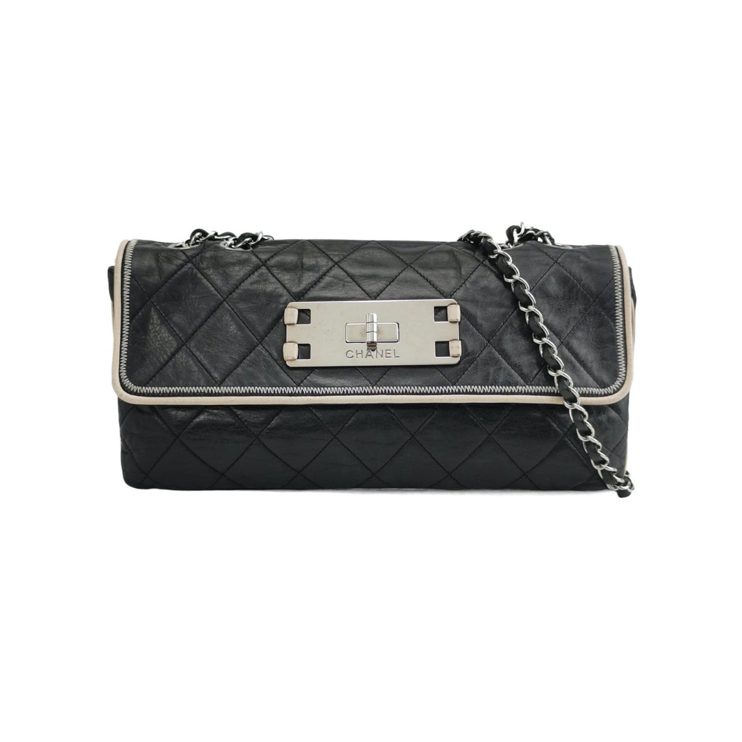 Chanel East West Mademoiselle Flap Black Leather Shoulder Bag