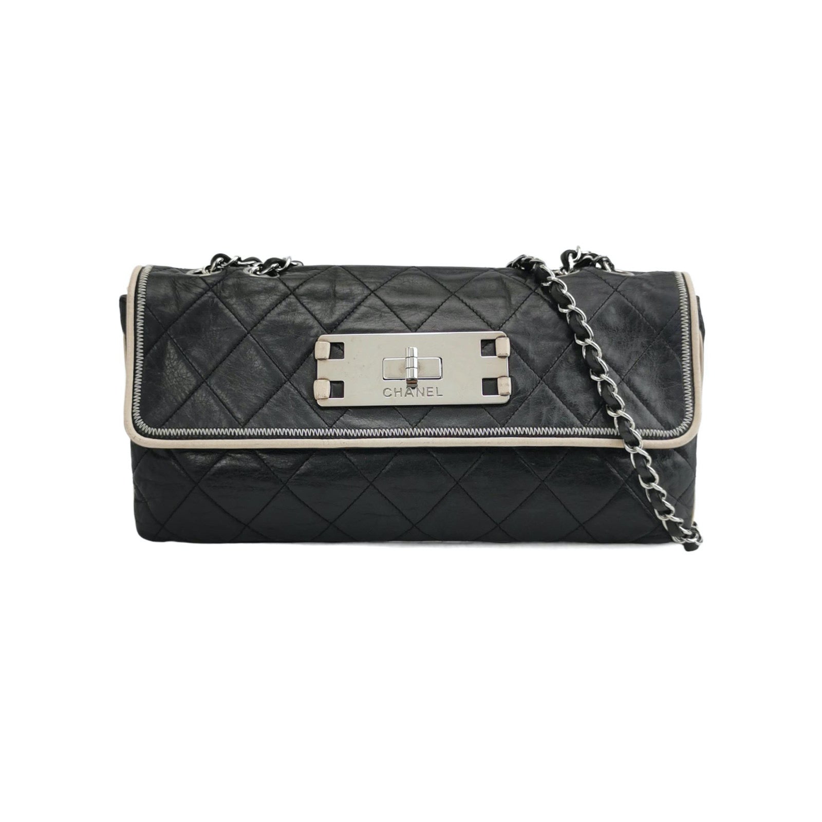 Chanel East West Mademoiselle Flap Black Leather Shoulder Bag