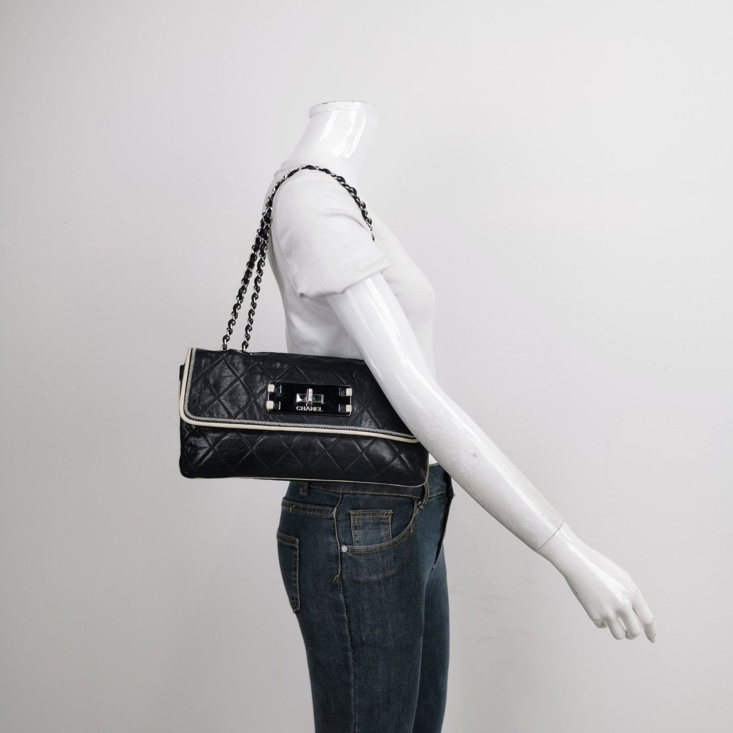 Chanel East West Mademoiselle Flap Black Leather Shoulder Bag
