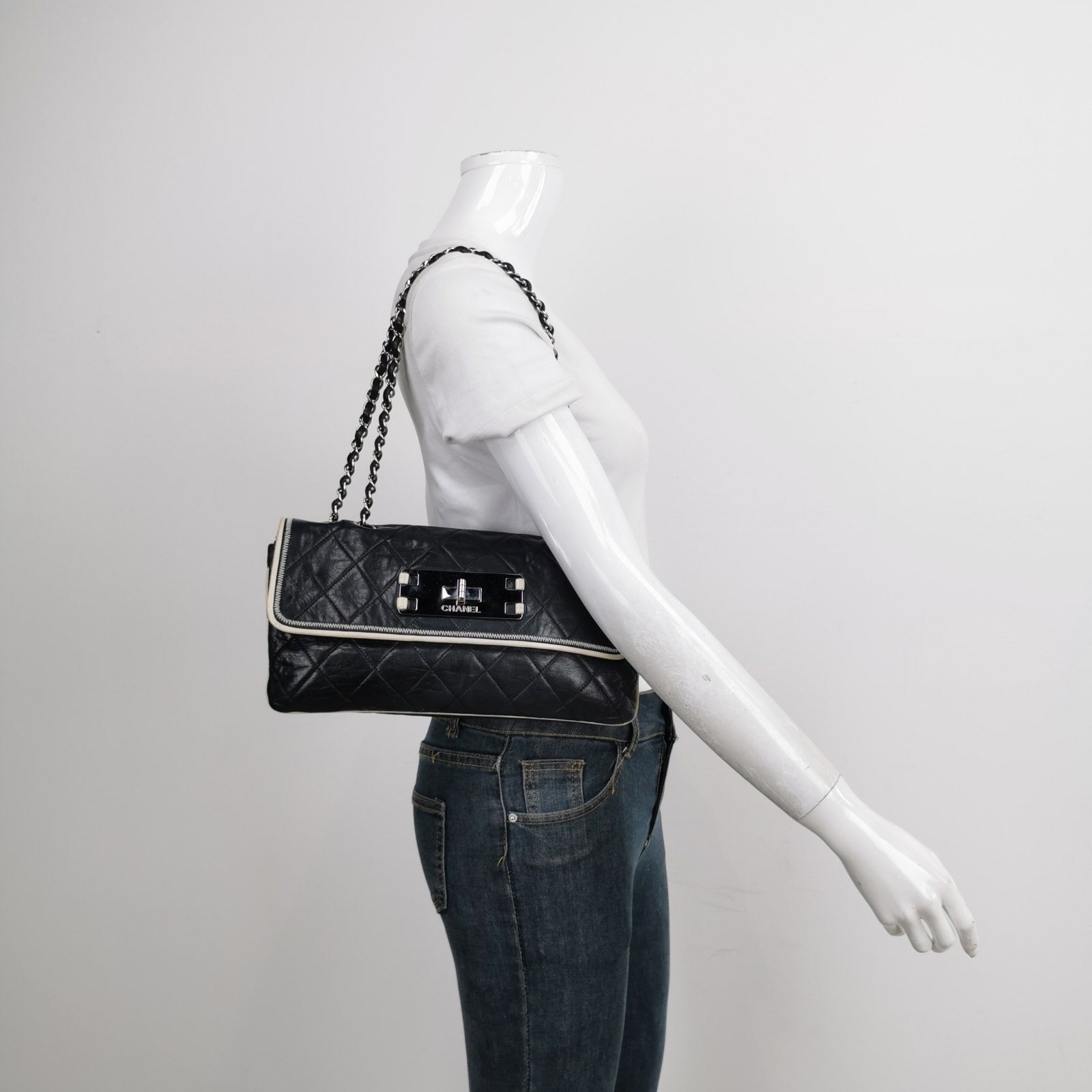 Chanel East West Mademoiselle Flap Black Leather Shoulder Bag