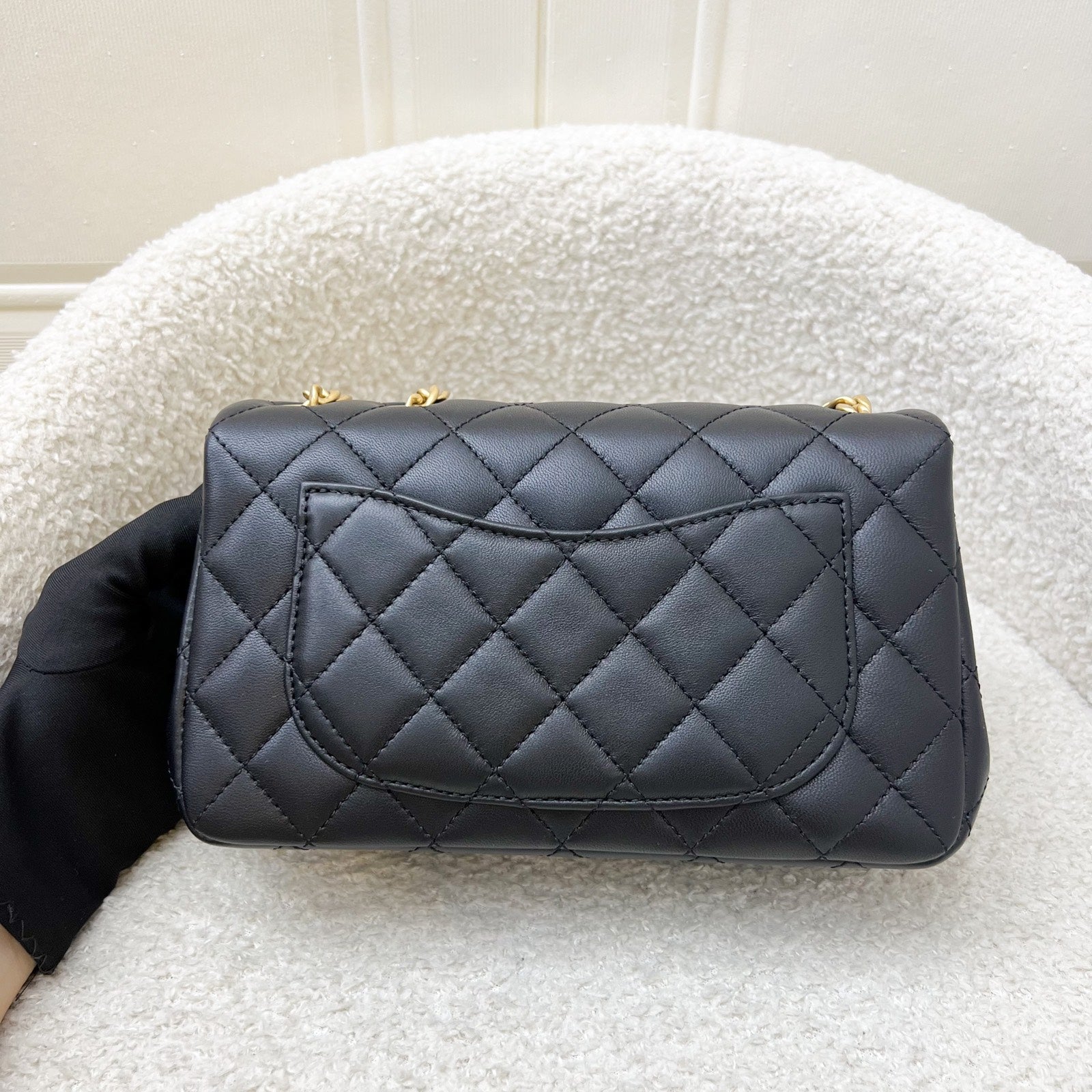 Chanel Mini Rectangular Flap Bag With Camellia Flower Adjustable Chain In Black Stiff Lambskin And Aghw ( )
