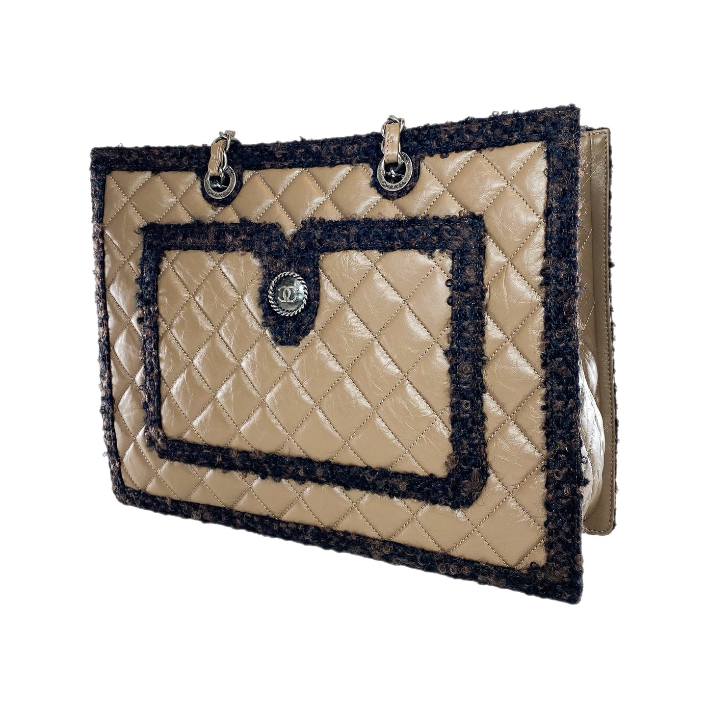 Chanel Brown Quilted Tweed Trim Secrets Tote Bag
