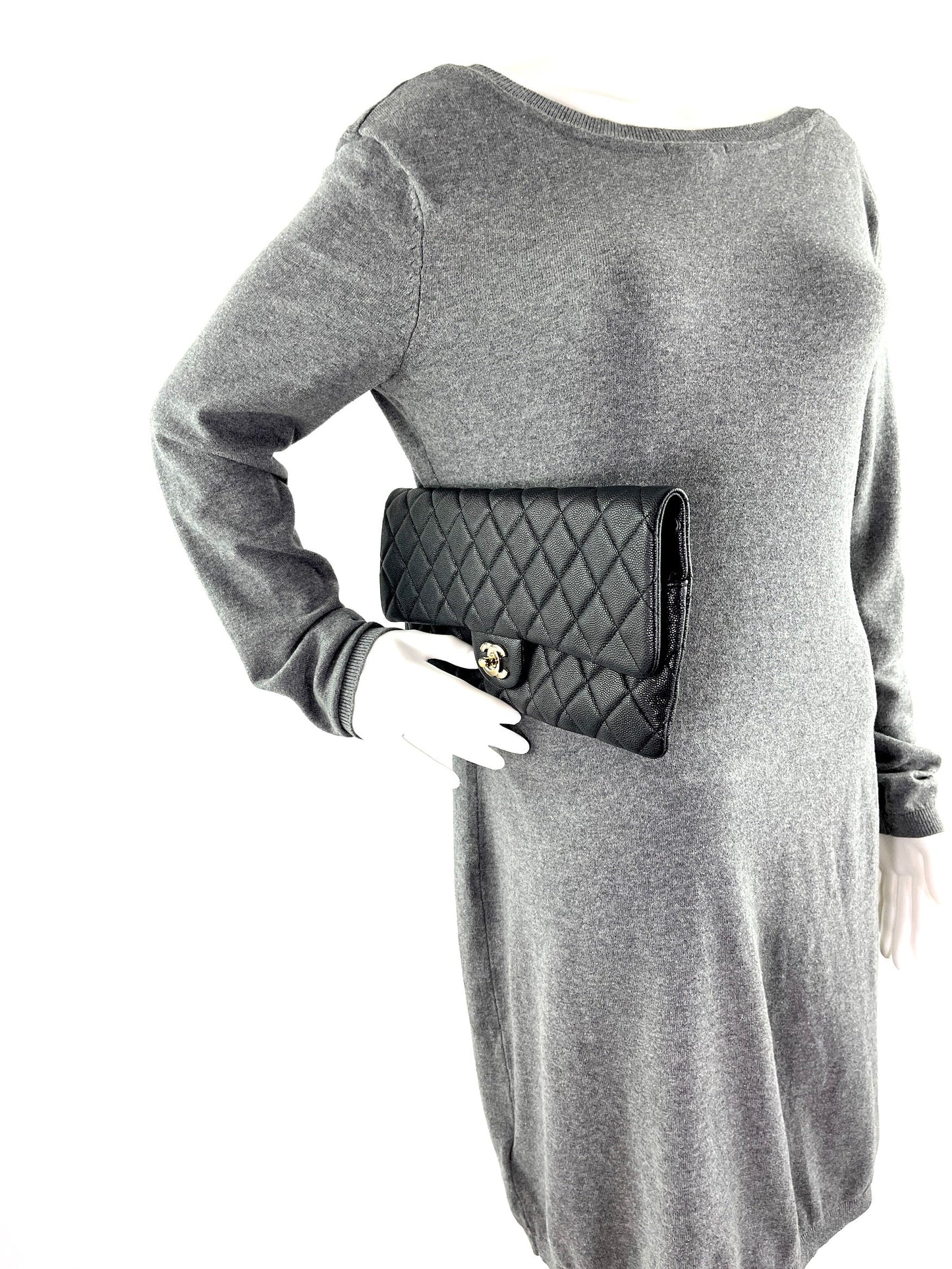 Chanel Classic 2021 Black Quilted Caviar Flap Clutch Bag