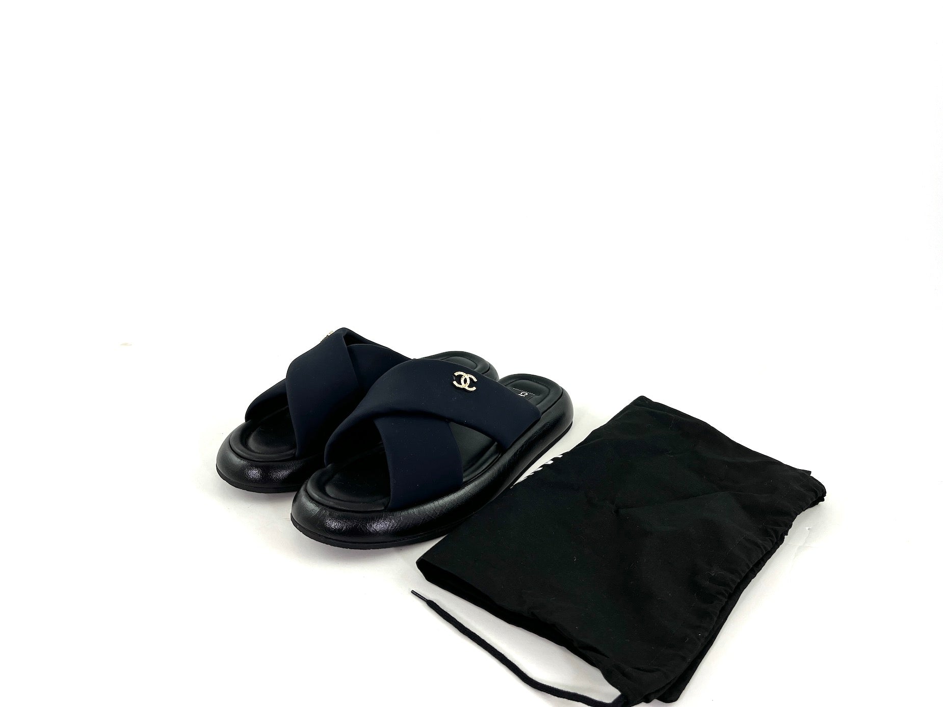 Chanel Puffy 2022 Criss Cross Black Slide Sandals 41 10 for Women