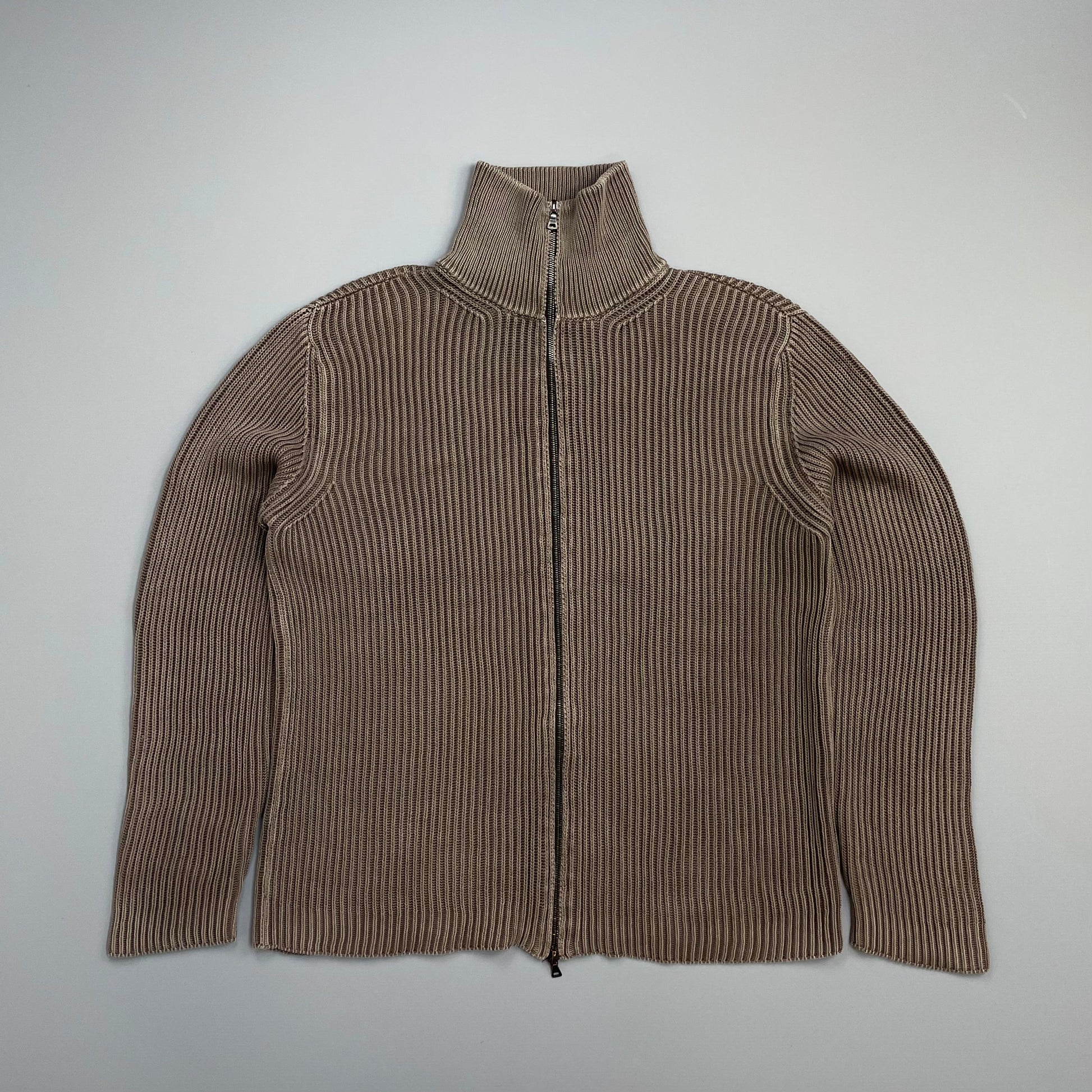 Prada Handbag Mainline 00s Ribbed Knit -Through Cardigan Jumper Brown Zip