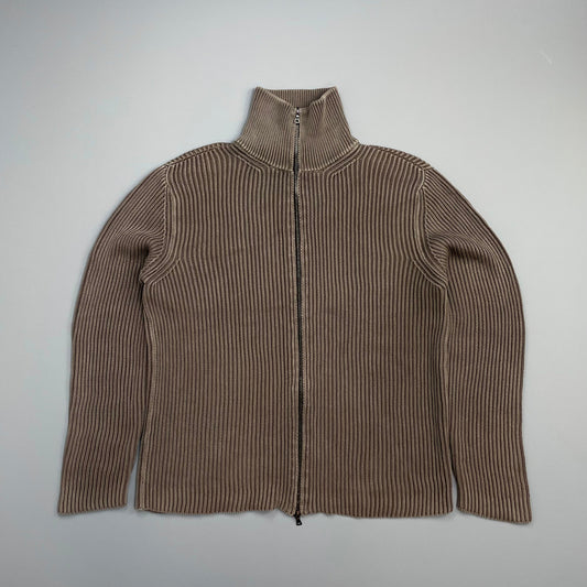 Prada Handbag Mainline 00s Ribbed Knit -Through Cardigan Jumper Brown Zip