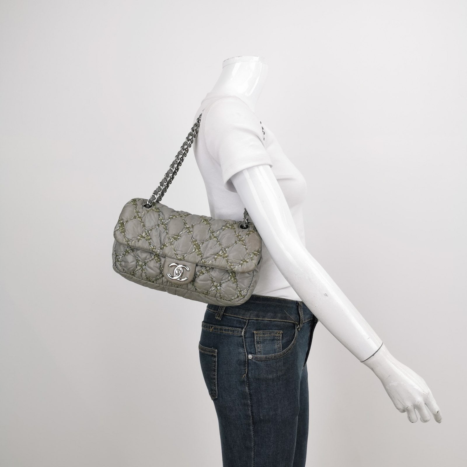 Chanel Paris-Byzance Tweed On Stitch Nylon Quilted Grey Shoulder Bag
