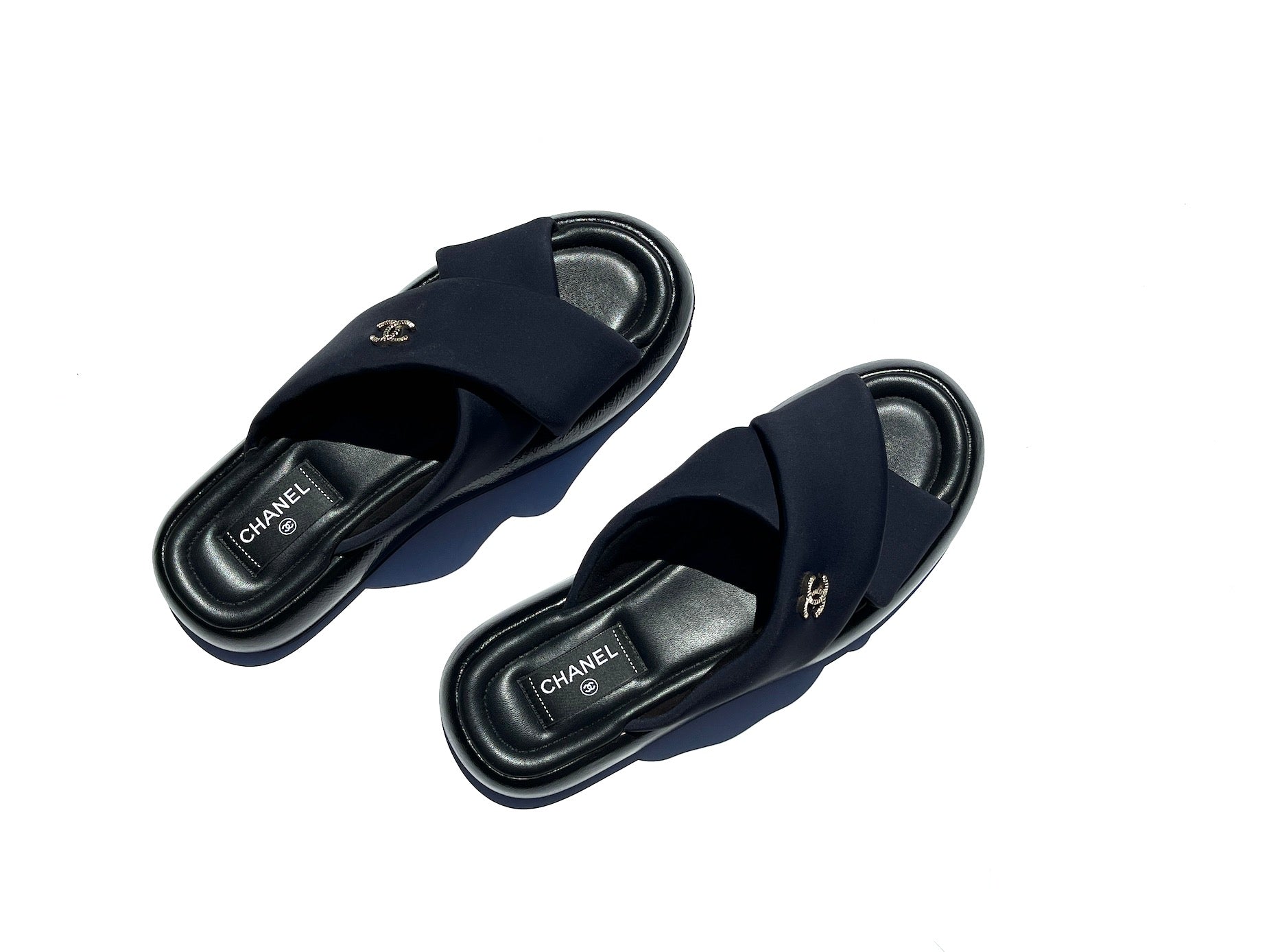Chanel Puffy 2022 Criss Cross Black Slide Sandals 41 10 for Women