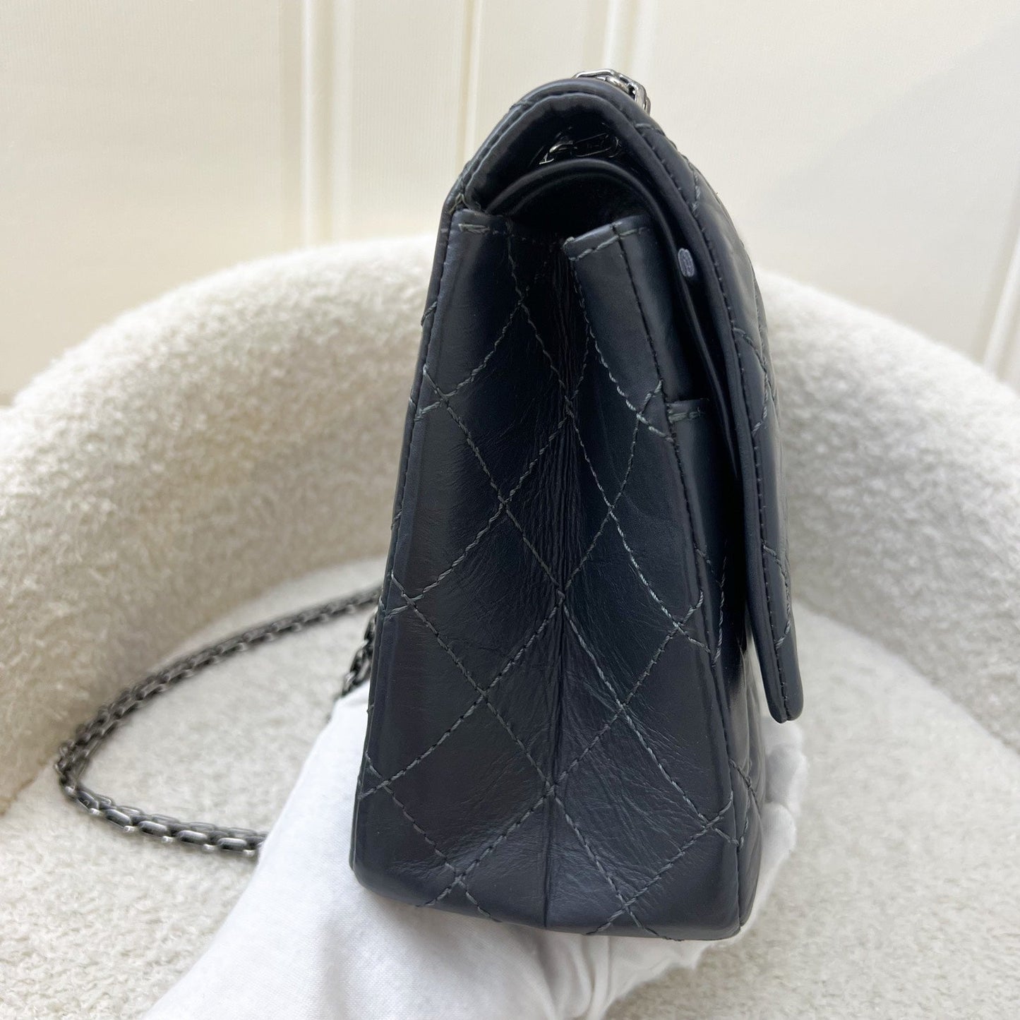 Chanel Large 2.55 Reissue Flap in Charcoal Grey Distressed Calfskin and Rhw Handbag