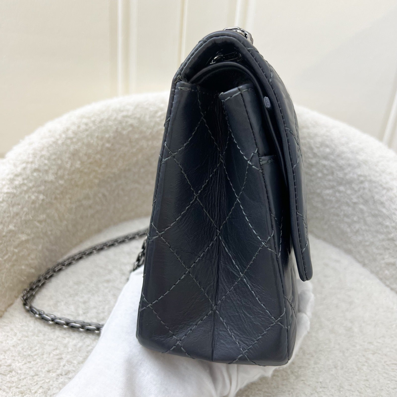 Chanel Large 2.55 Reissue Flap in Charcoal Grey Distressed Calfskin and Rhw Handbag