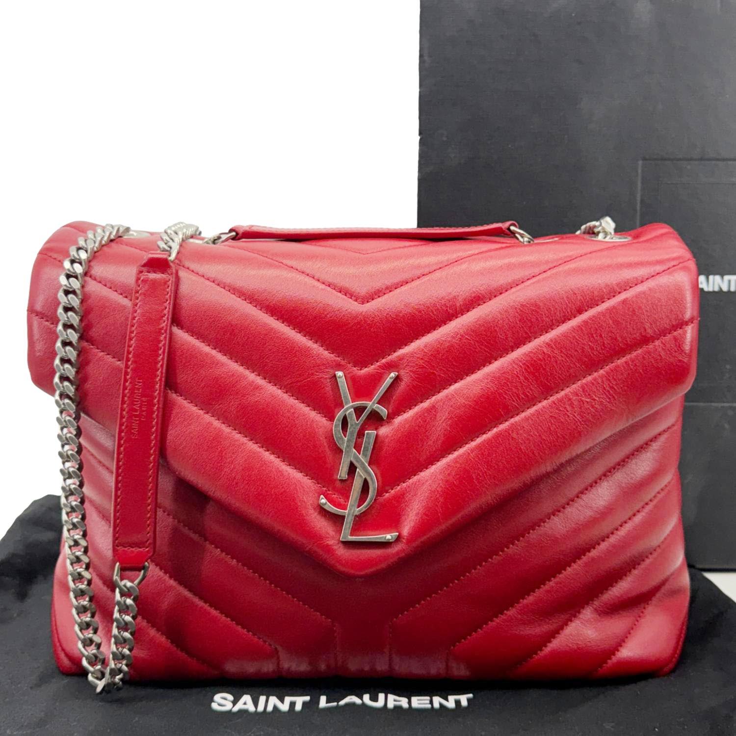 YSL Saint Laurent Yves Loulou Crossbody Bag Leather Quilted Red