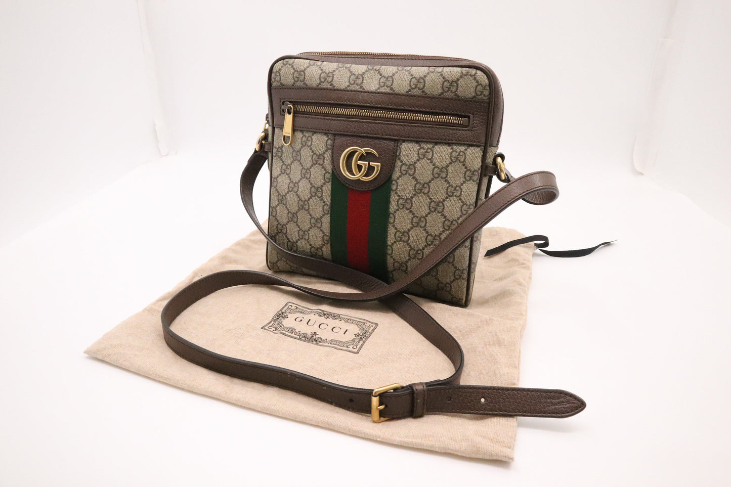Gucci Ophidia MG Leather Canvas Brown Beige Crossbody Bag