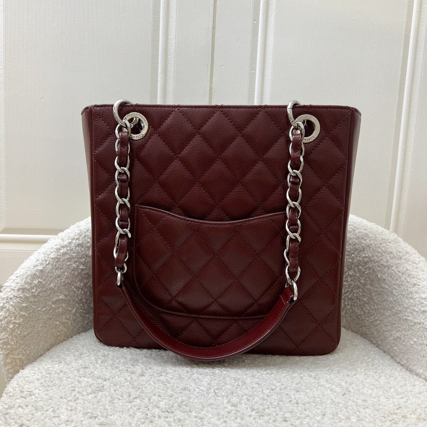 Chanel Petite Shopping Tote Pst In Burgundy Red Caviar And Shw