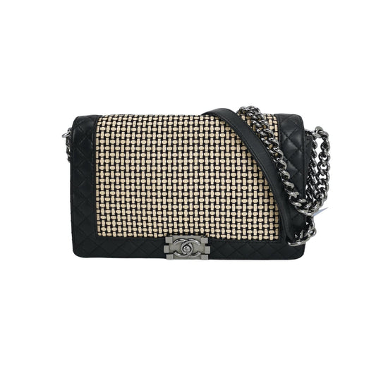 Chanel Le Boy Woven Reverso Calfskin Flap Black Leather Shoulder Bag